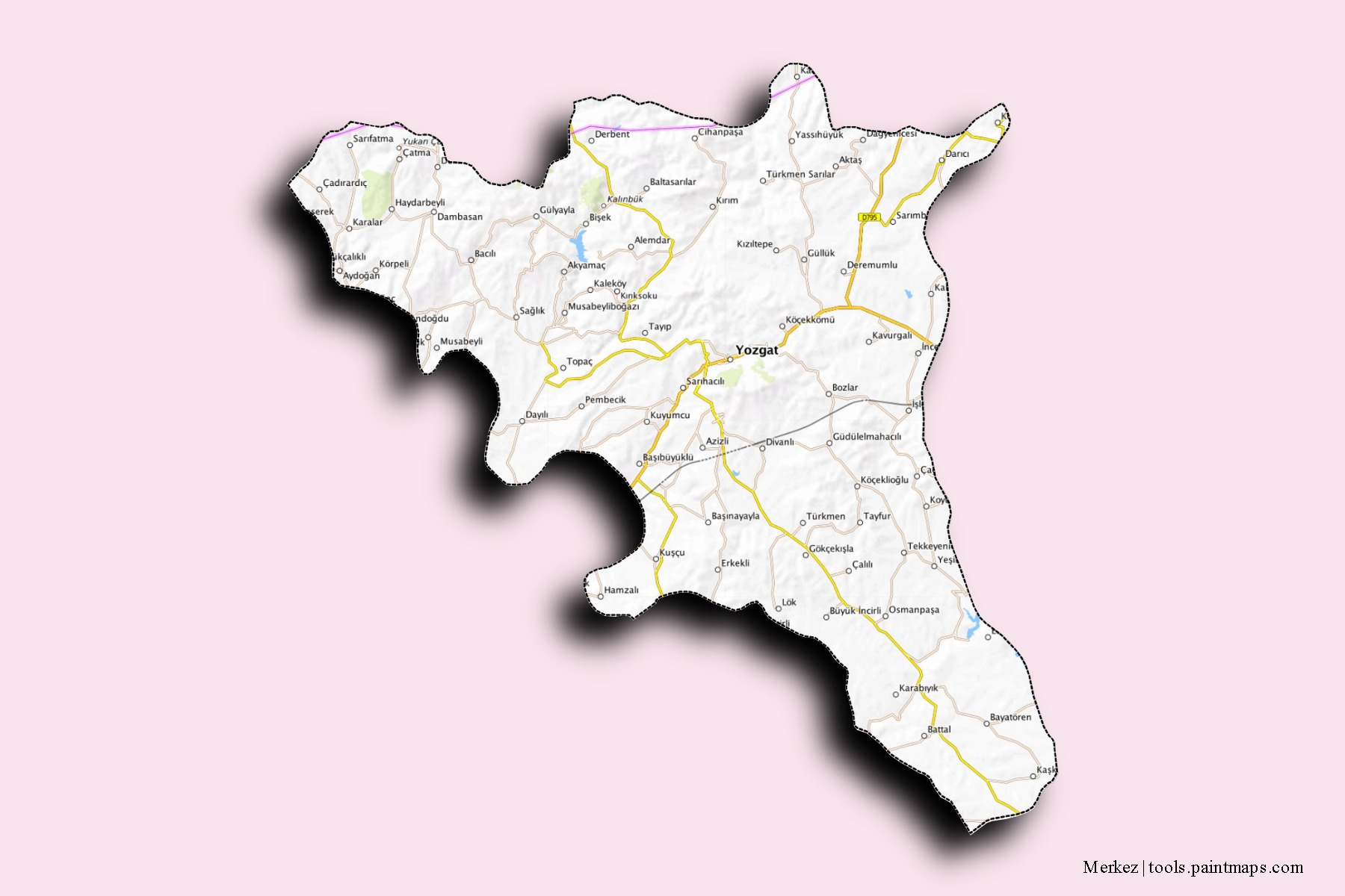 Mapa de barrios y pueblos de Merkez con efecto de sombra 3D