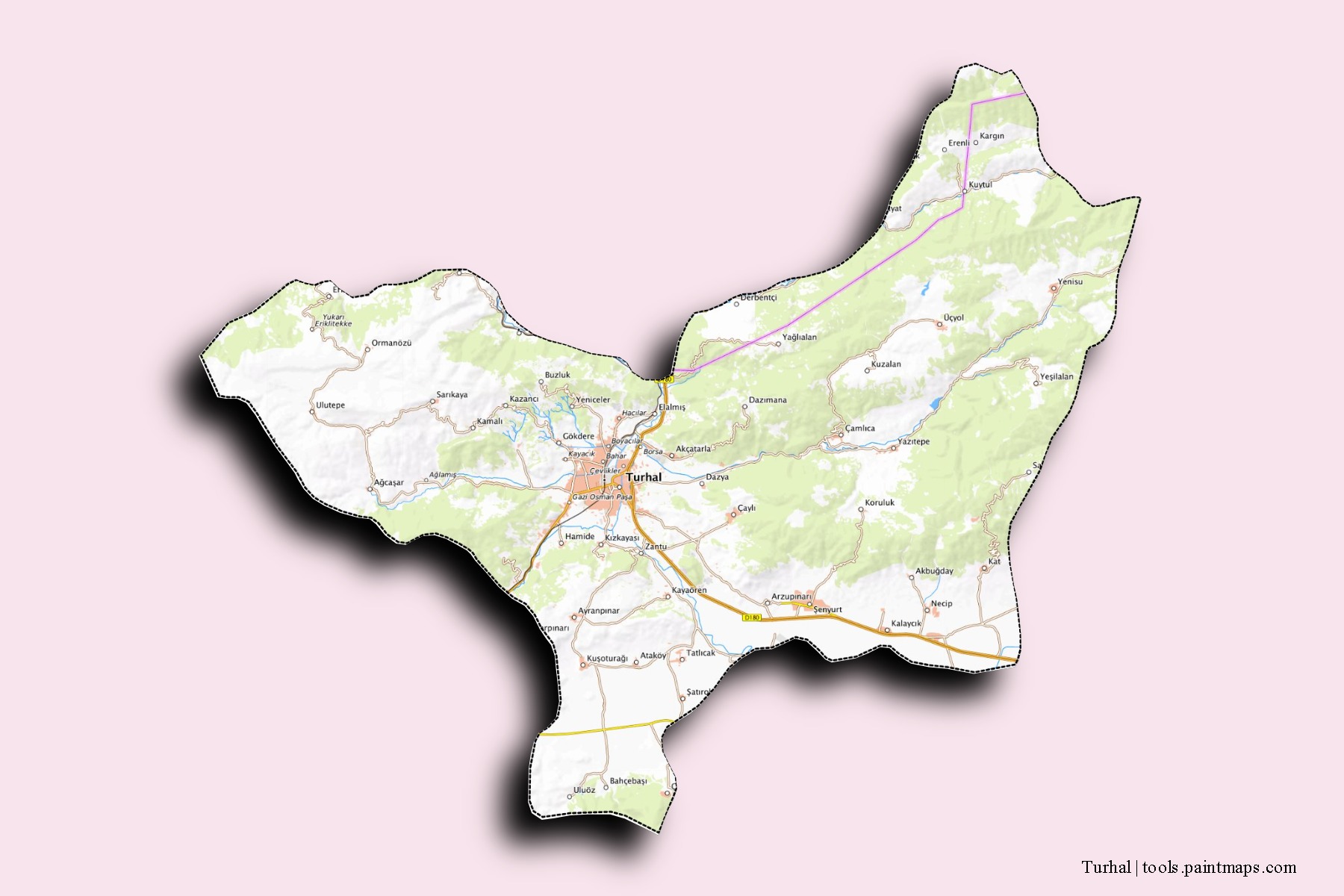 Turhal neighborhoods and villages map with 3D shadow effect