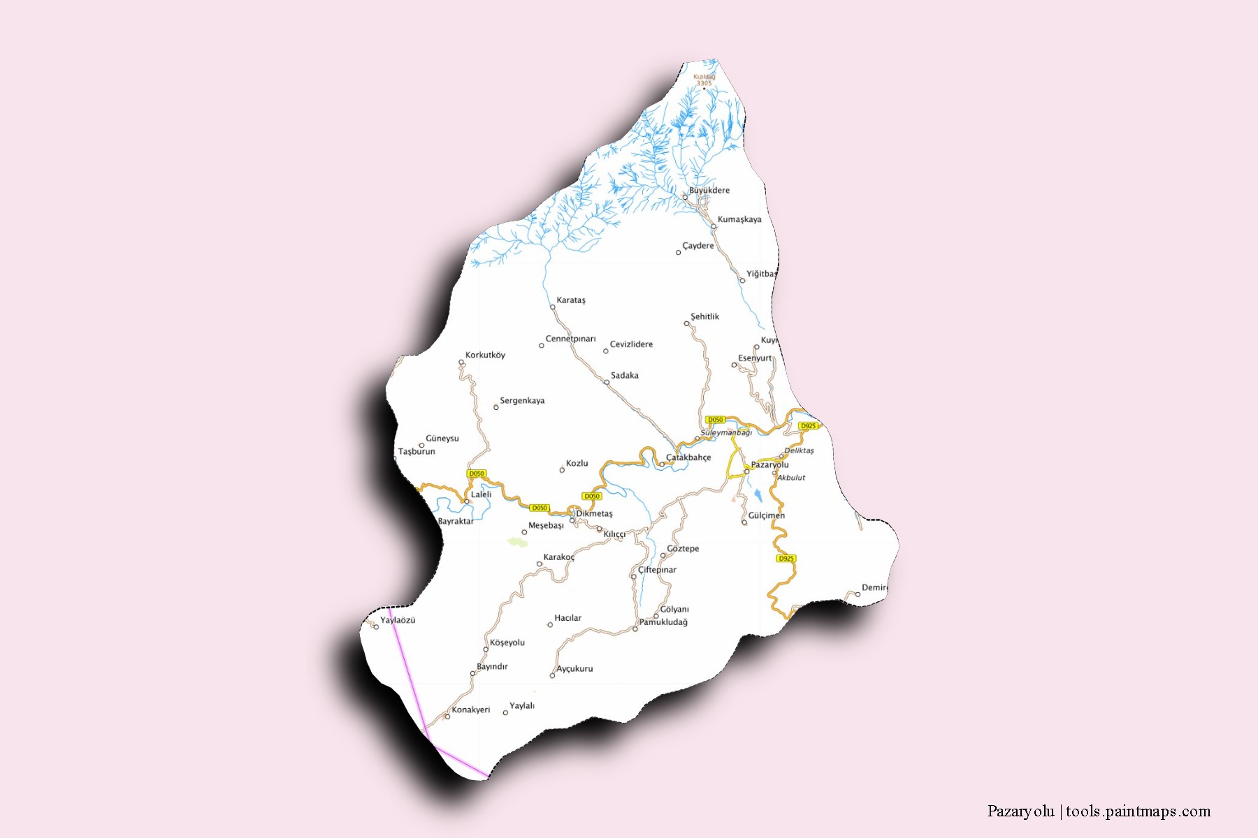 Mapa de barrios y pueblos de Pazaryolu con efecto de sombra 3D