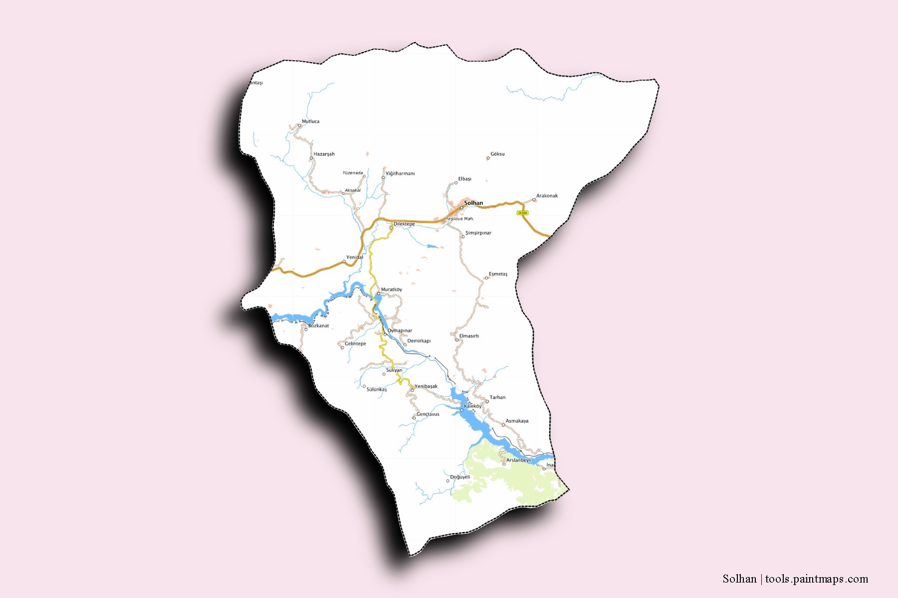 Mapa de barrios y pueblos de Solhan con efecto de sombra 3D