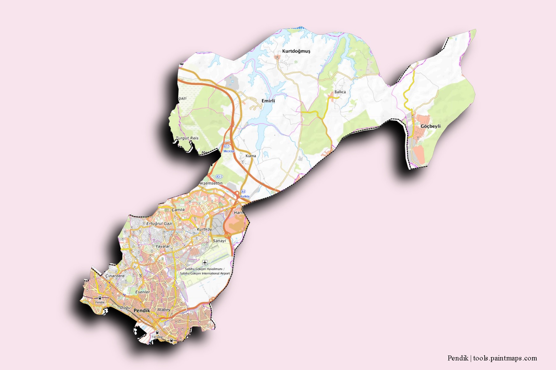 Pendik neighborhoods and villages map with 3D shadow effect