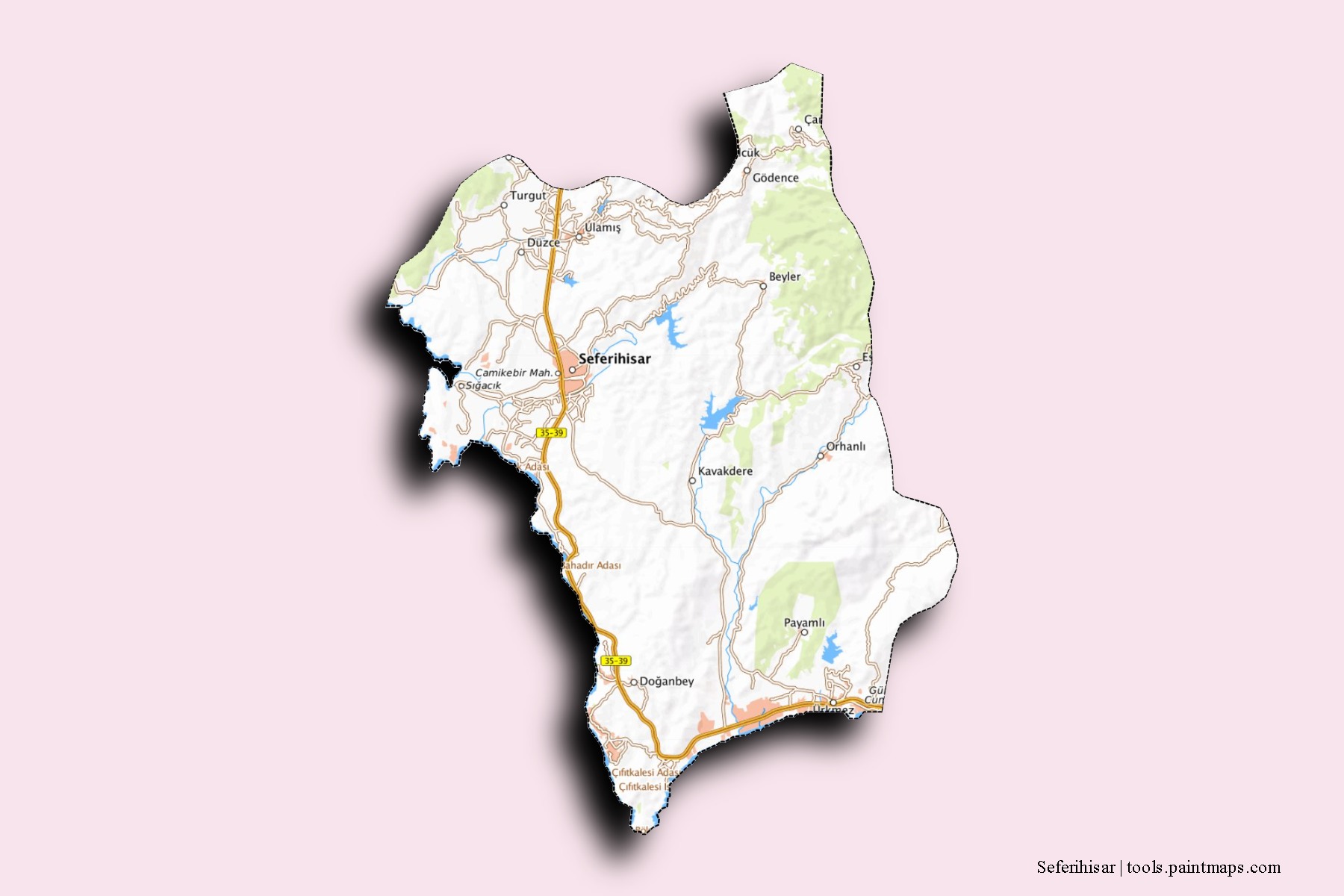 Mapa de barrios y pueblos de Seferihisar con efecto de sombra 3D