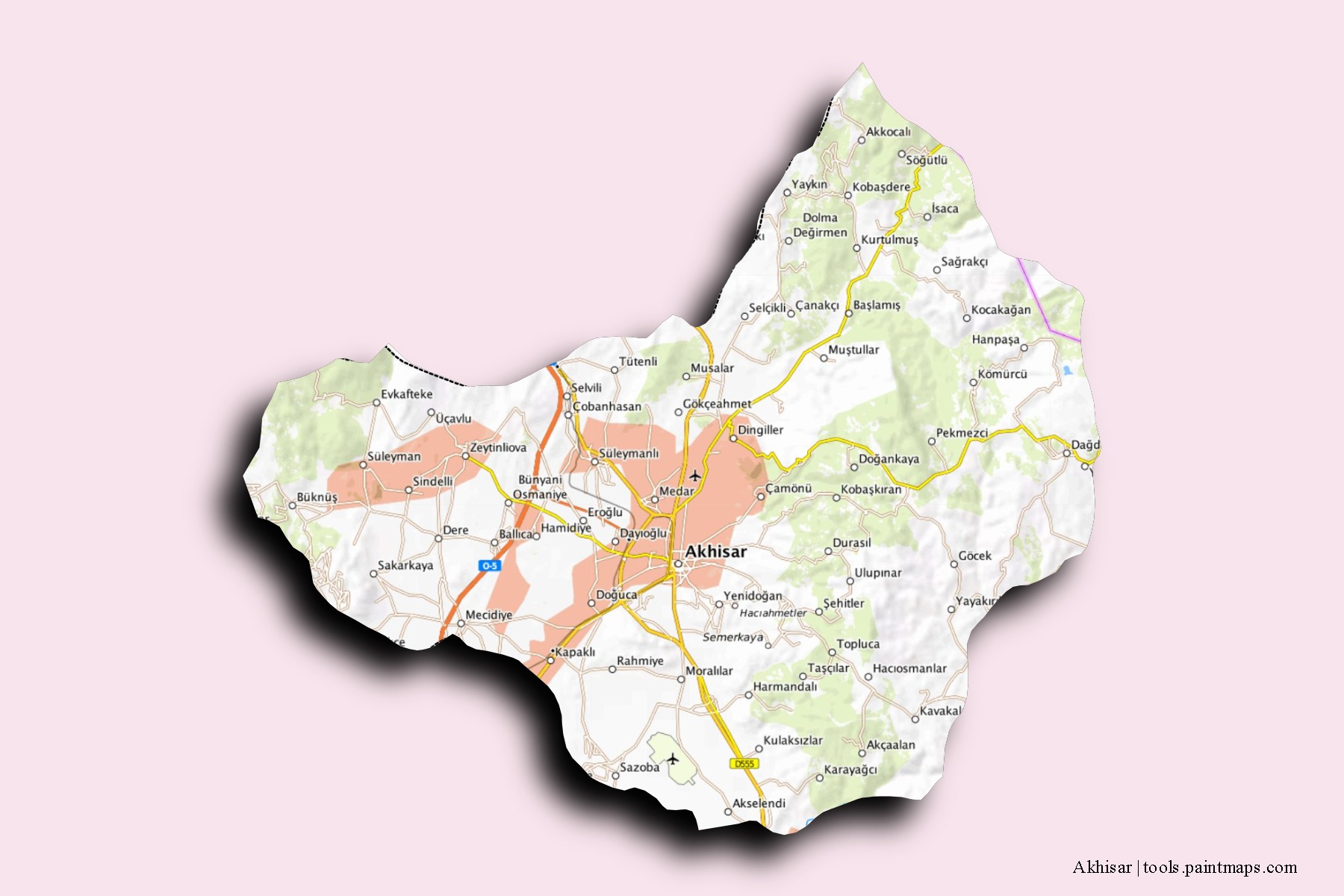 Mapa de barrios y pueblos de Akhisar con efecto de sombra 3D