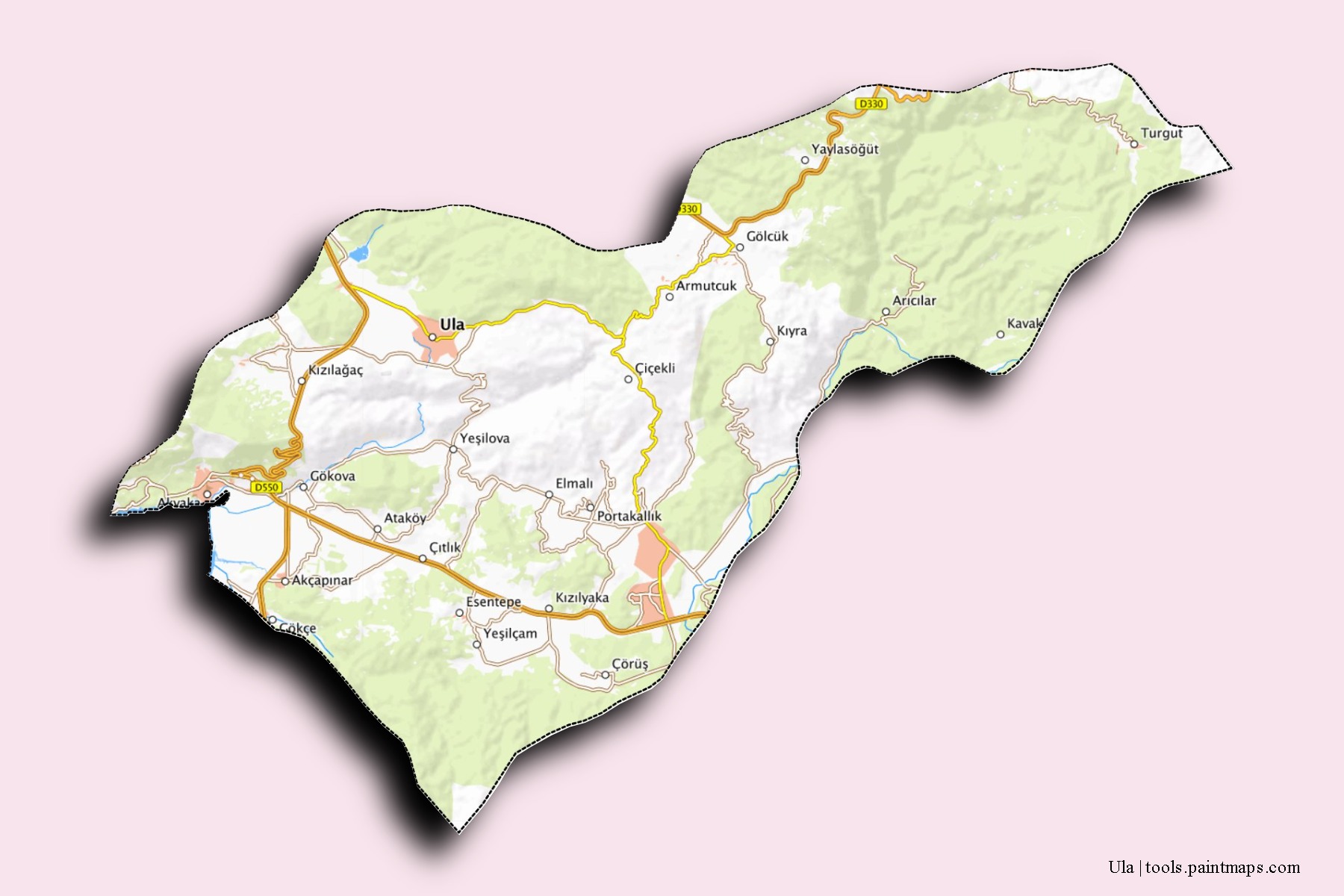 Mapa de barrios y pueblos de Ula con efecto de sombra 3D