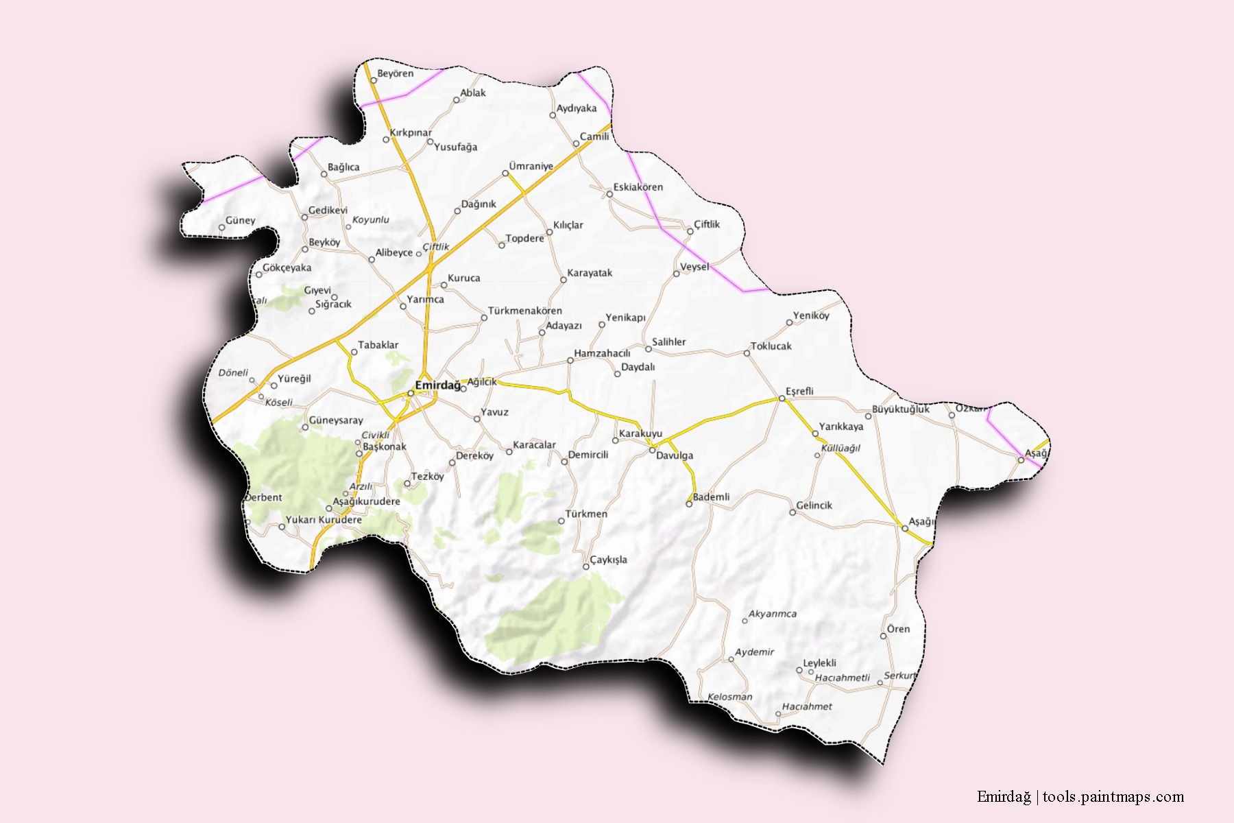 Emirdag neighborhoods and villages map with 3D shadow effect