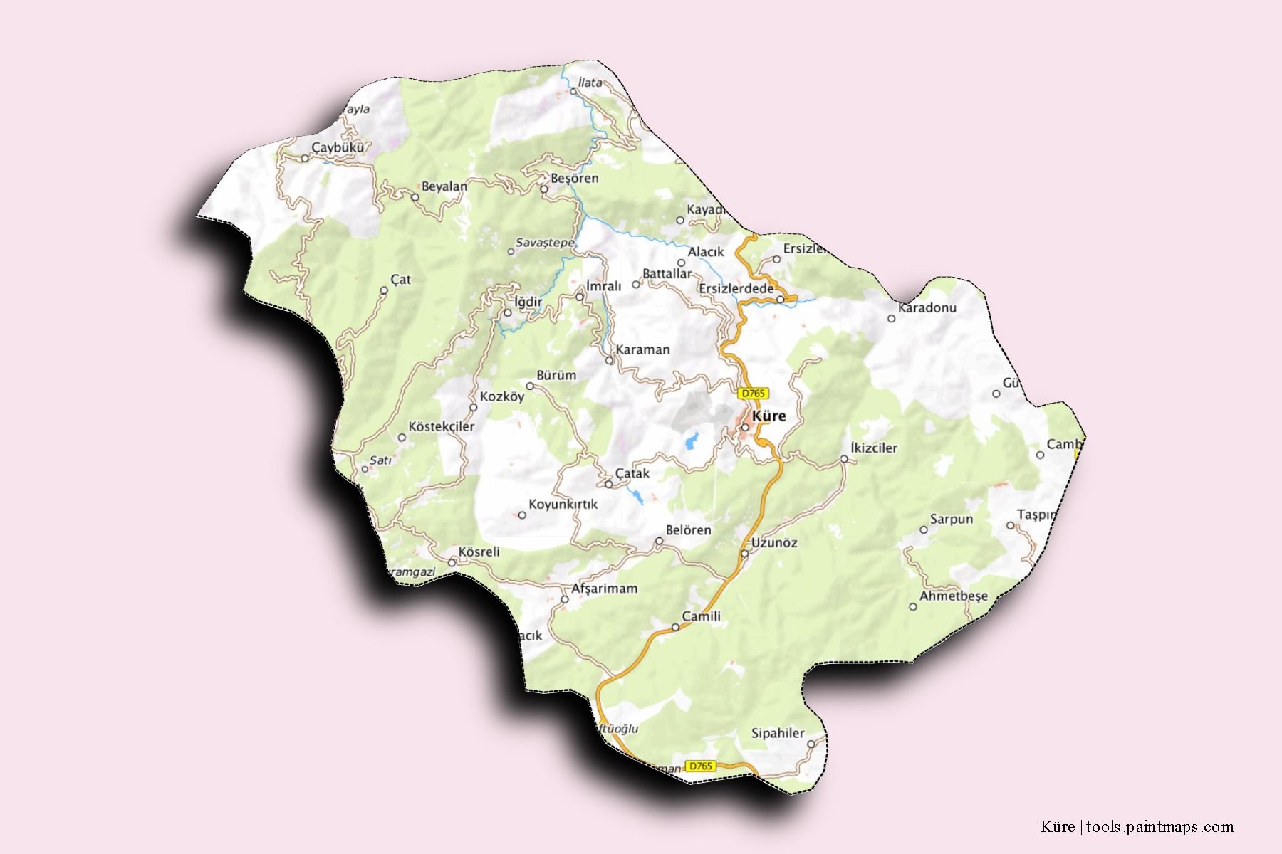 Mapa de barrios y pueblos de Küre con efecto de sombra 3D