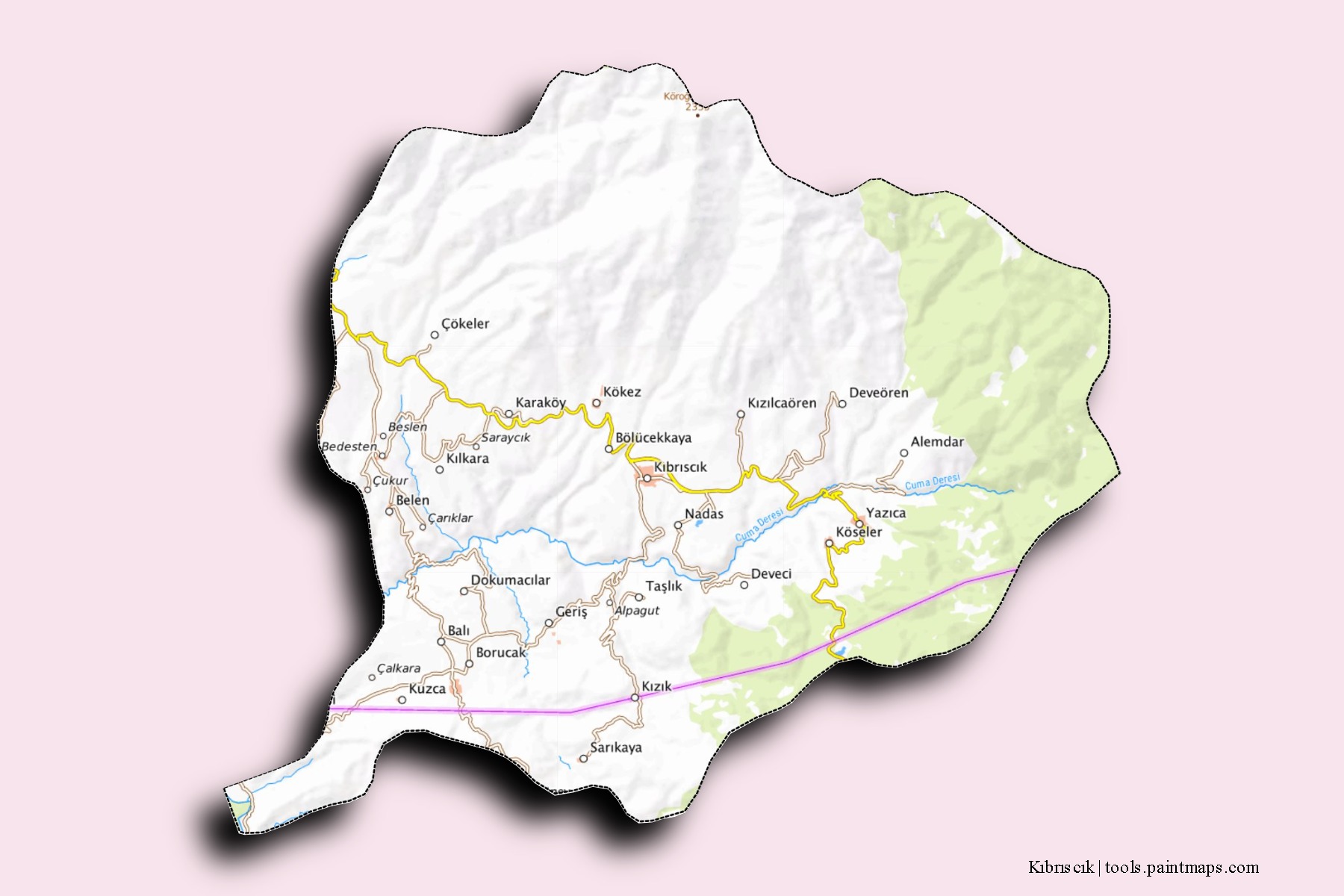 Mapa de barrios y pueblos de Kıbrıscık con efecto de sombra 3D