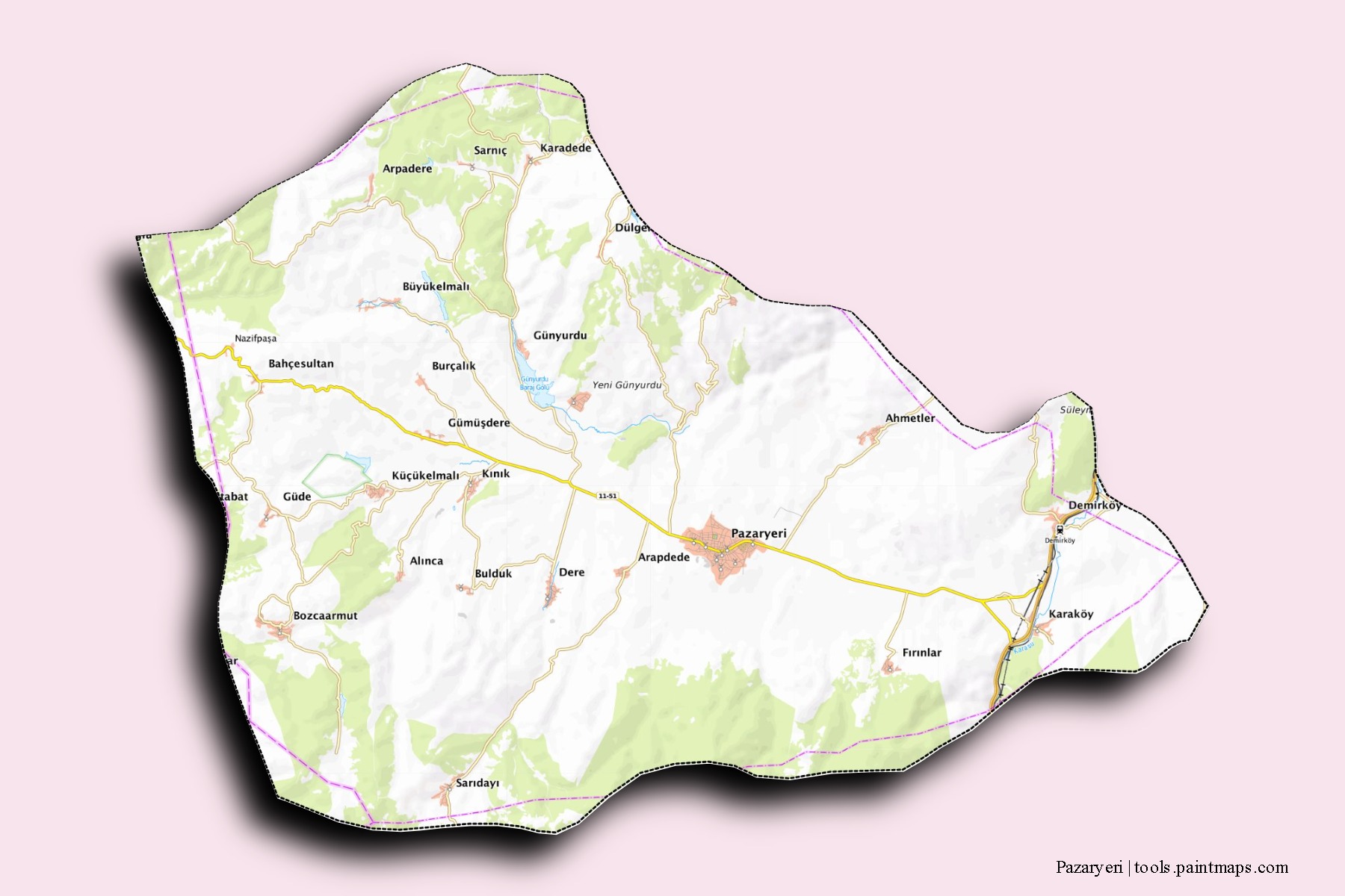 Mapa de barrios y pueblos de Pazaryeri con efecto de sombra 3D