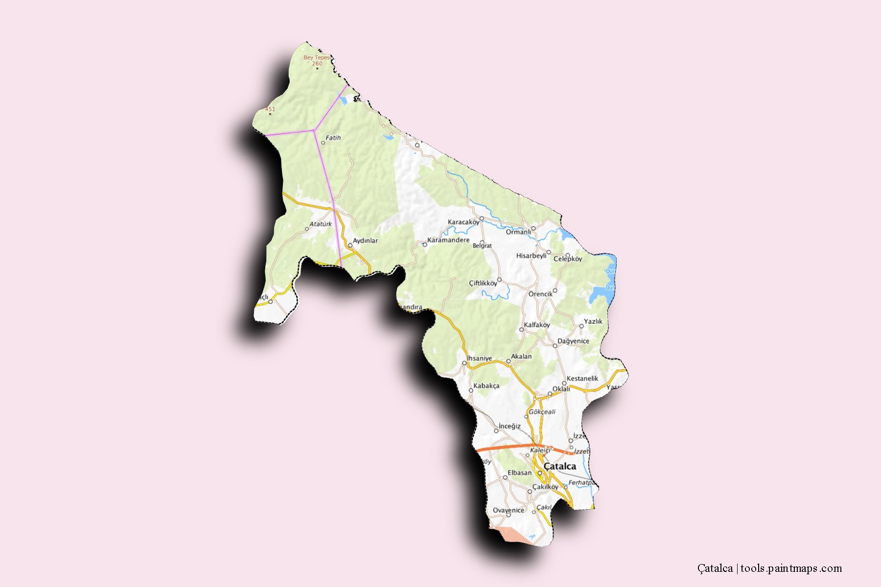 Mapa de barrios y pueblos de Çatalca con efecto de sombra 3D