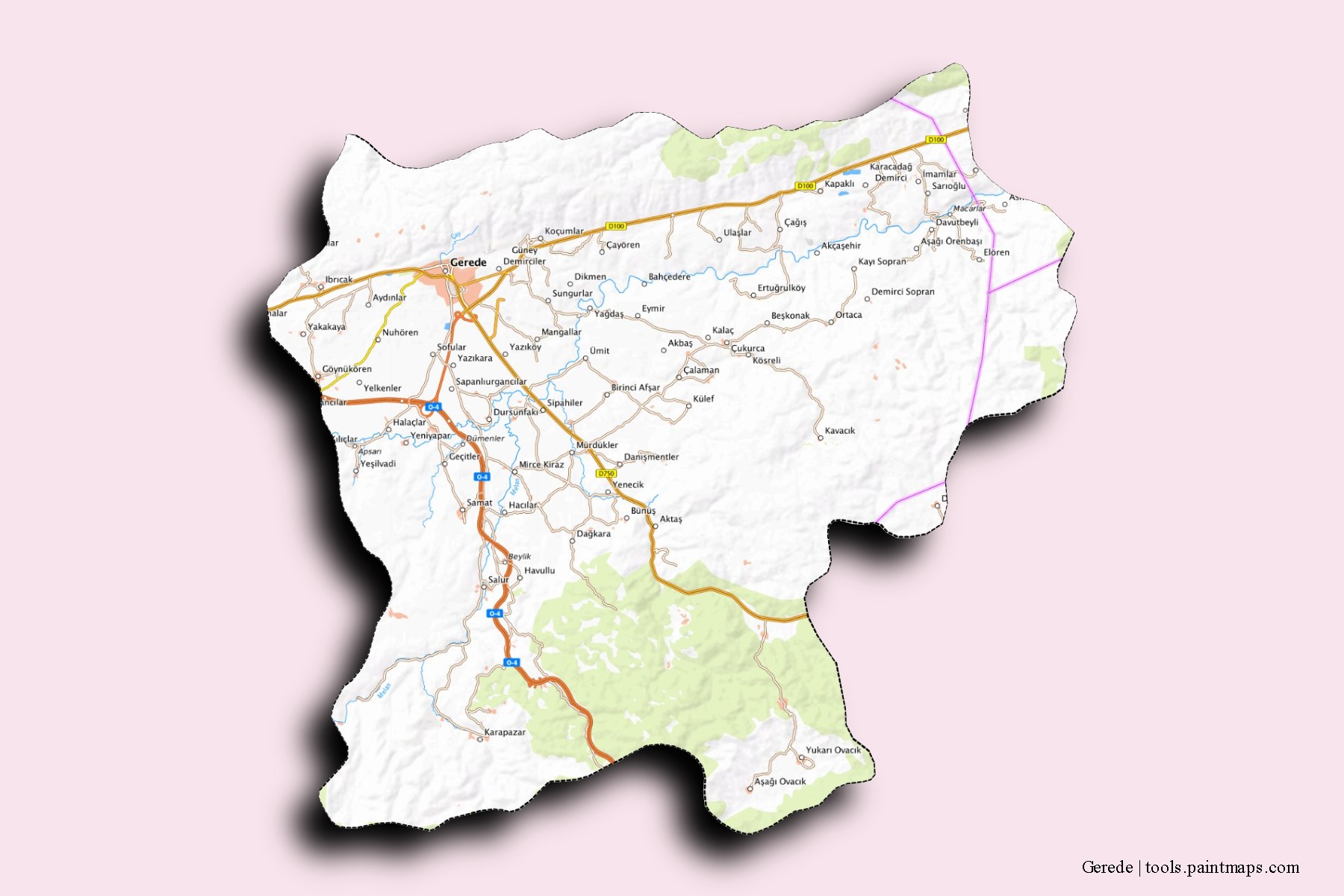 Mapa de barrios y pueblos de Gerede con efecto de sombra 3D