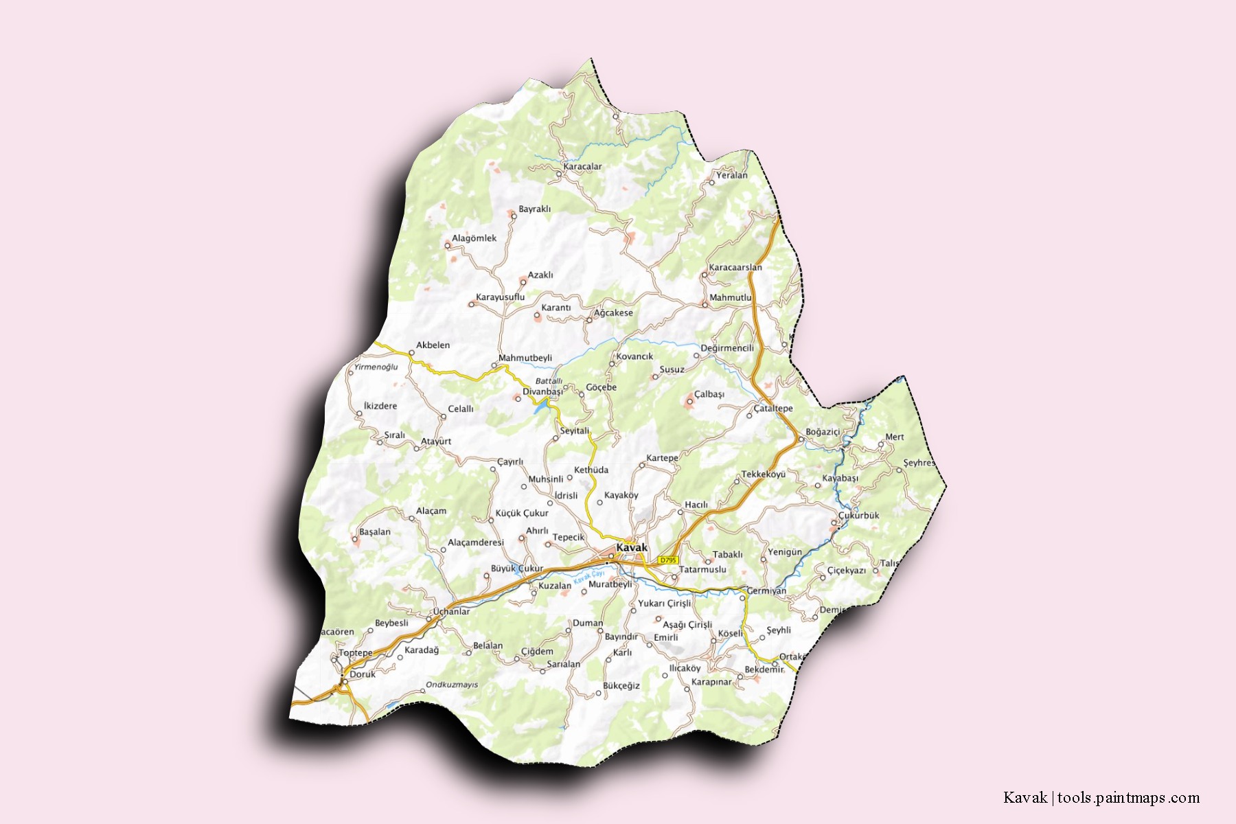 Mapa de barrios y pueblos de Kavak con efecto de sombra 3D