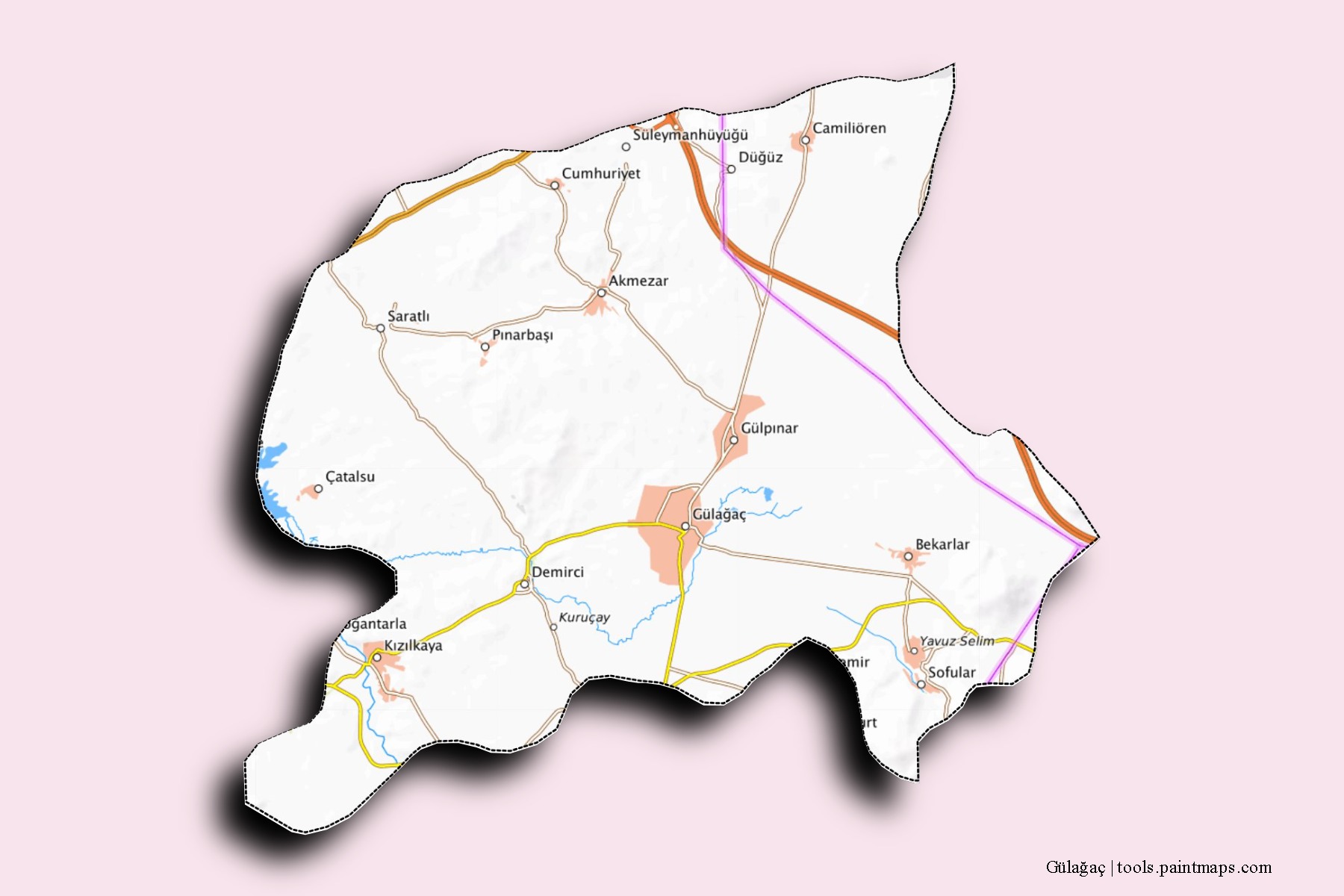 Mapa de barrios y pueblos de Gülağaç con efecto de sombra 3D