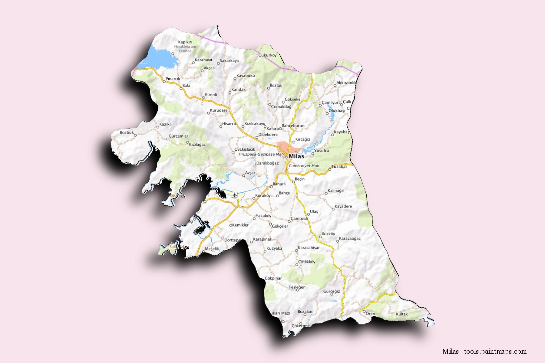 Mapa de barrios y pueblos de Milas con efecto de sombra 3D