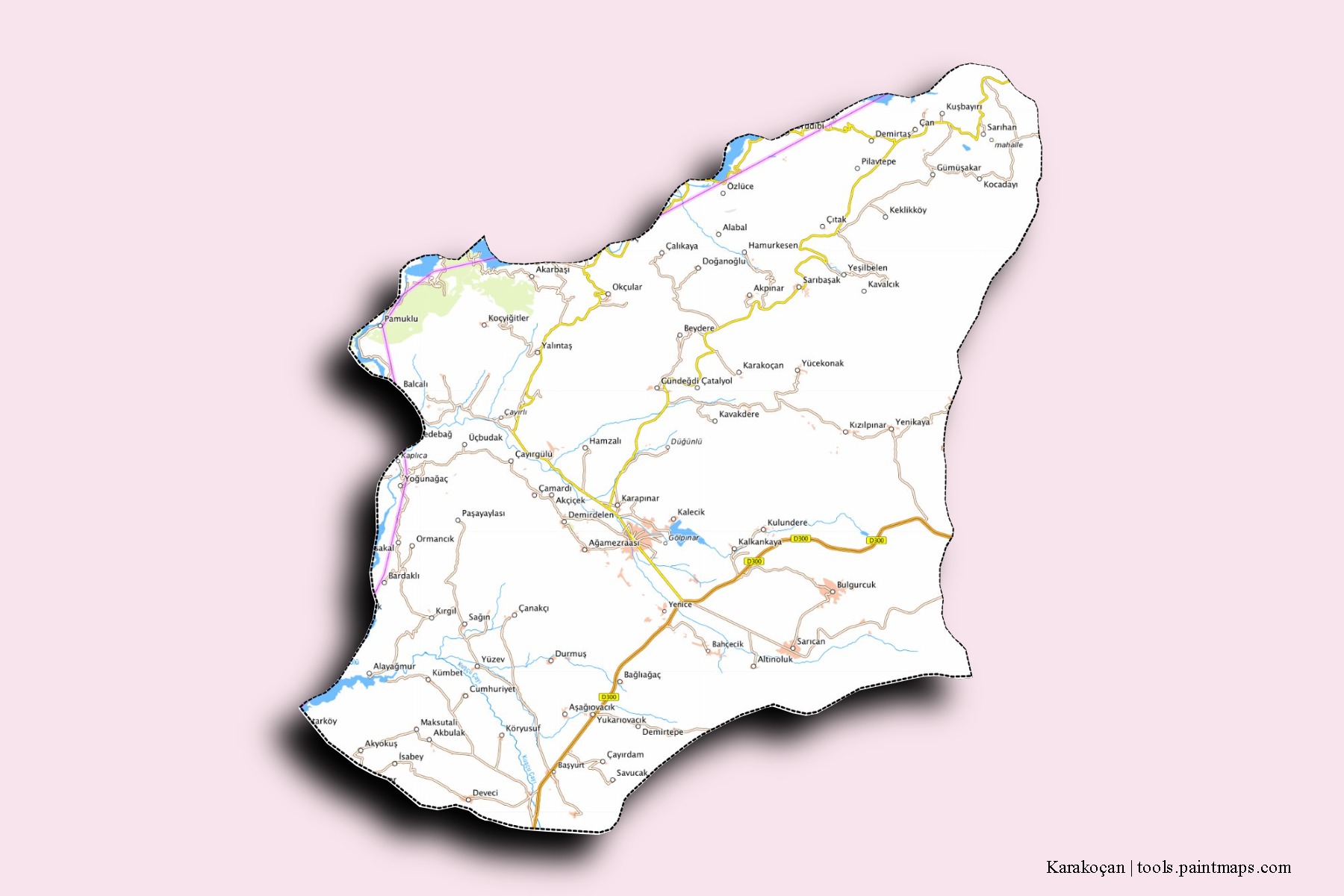 Mapa de barrios y pueblos de Karakoçan con efecto de sombra 3D