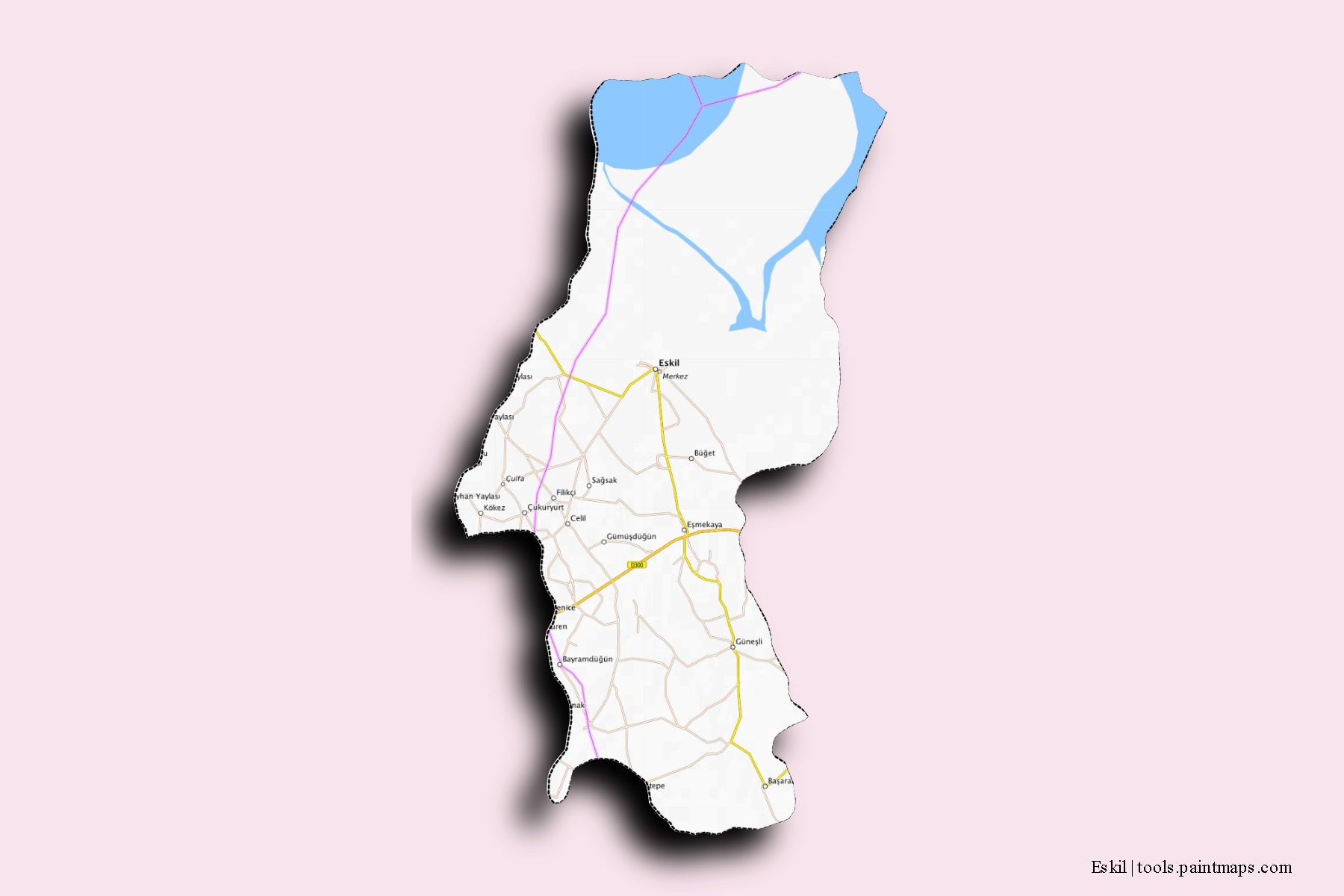 Eskil neighborhoods and villages map with 3D shadow effect