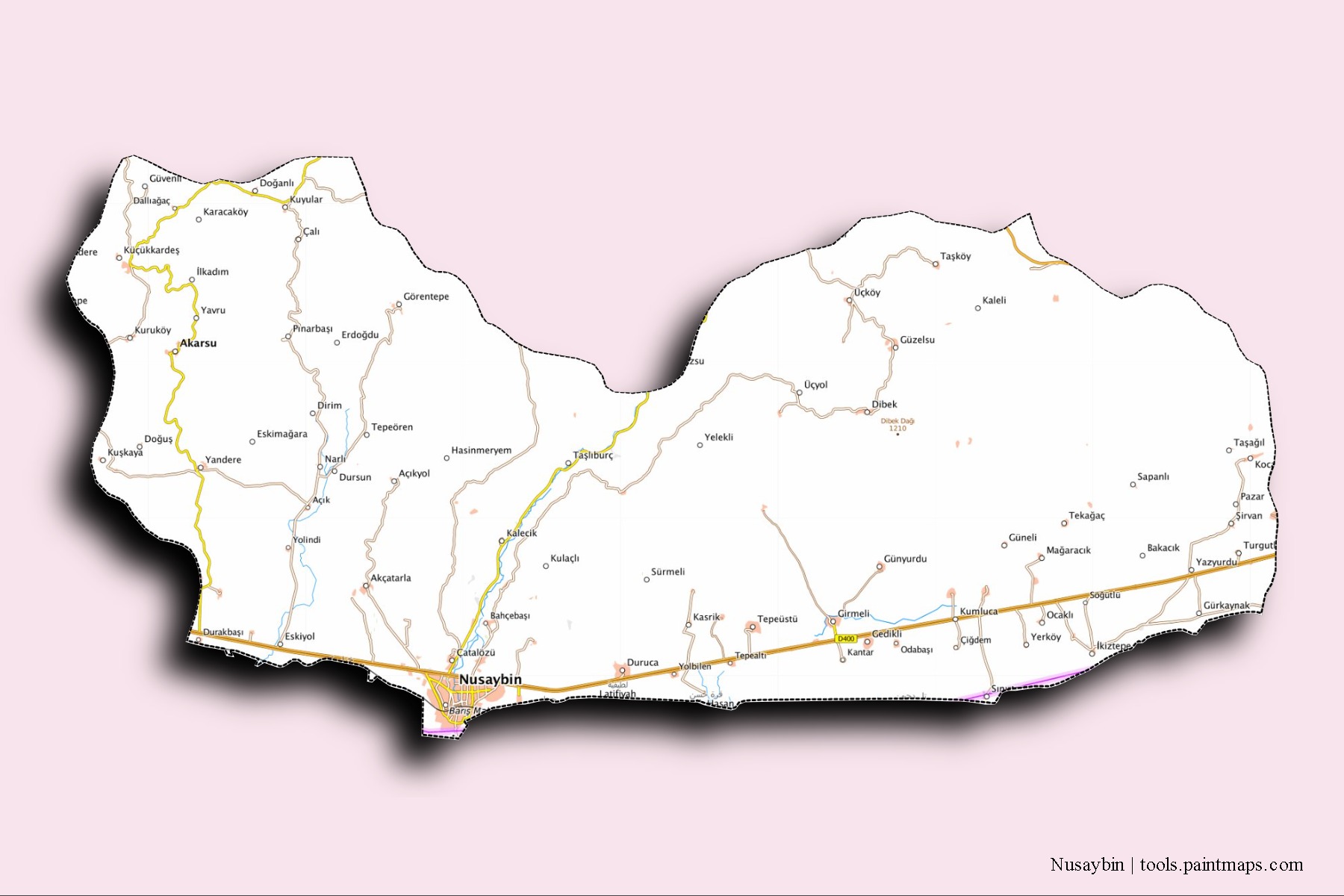 3D gölge efektli Nusaybin İlçesi mahalleleri ve köyleri haritası