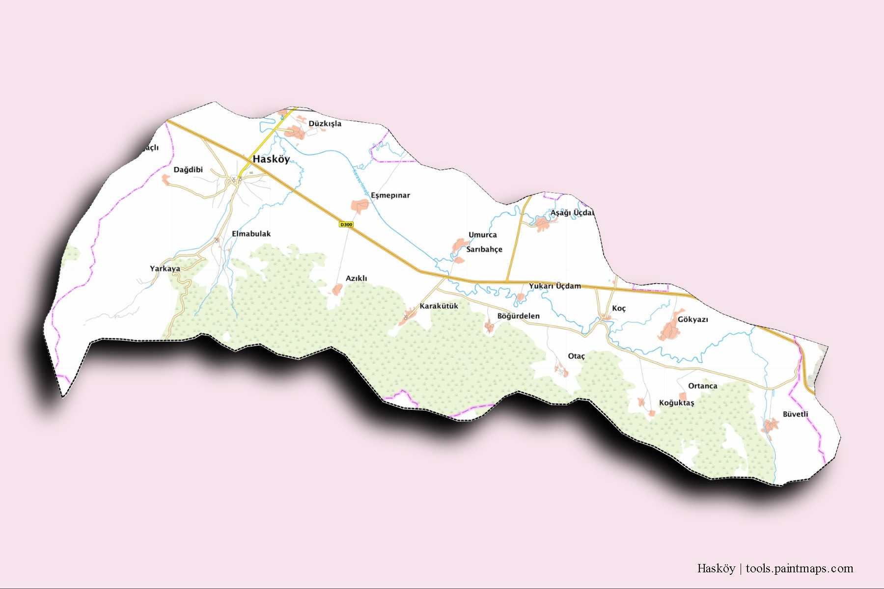 Hasköy neighborhoods and villages map with 3D shadow effect