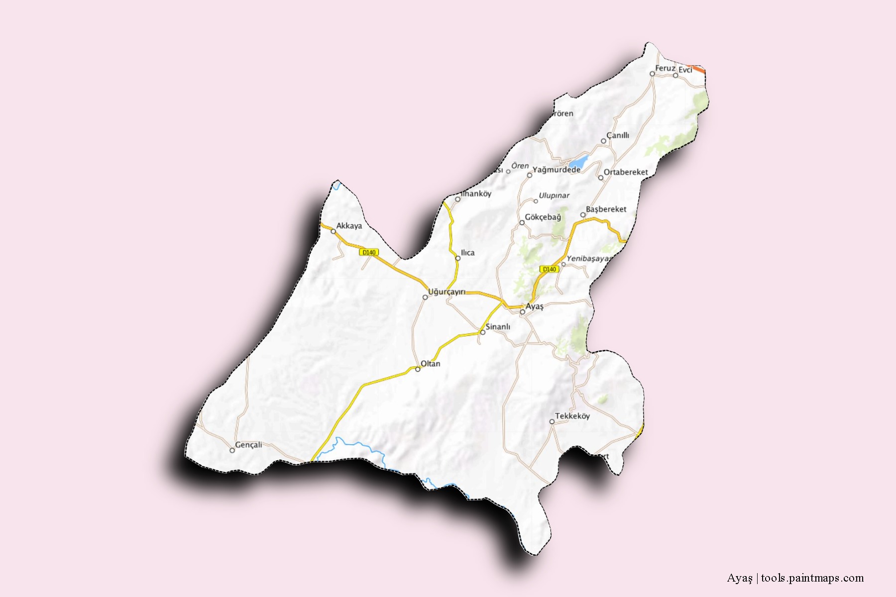 Mapa de barrios y pueblos de Ayaş con efecto de sombra 3D