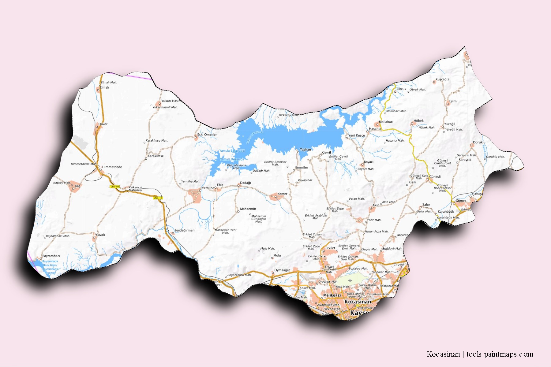 3D gölge efektli Kocasinan İlçesi mahalleleri ve köyleri haritası