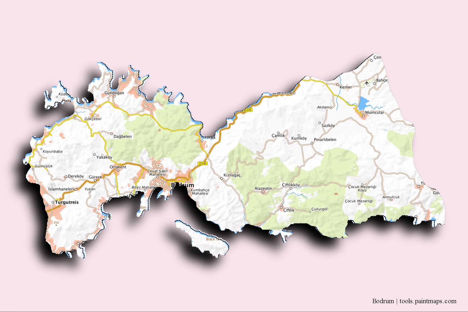 Bodrum neighborhoods and villages map with 3D shadow effect