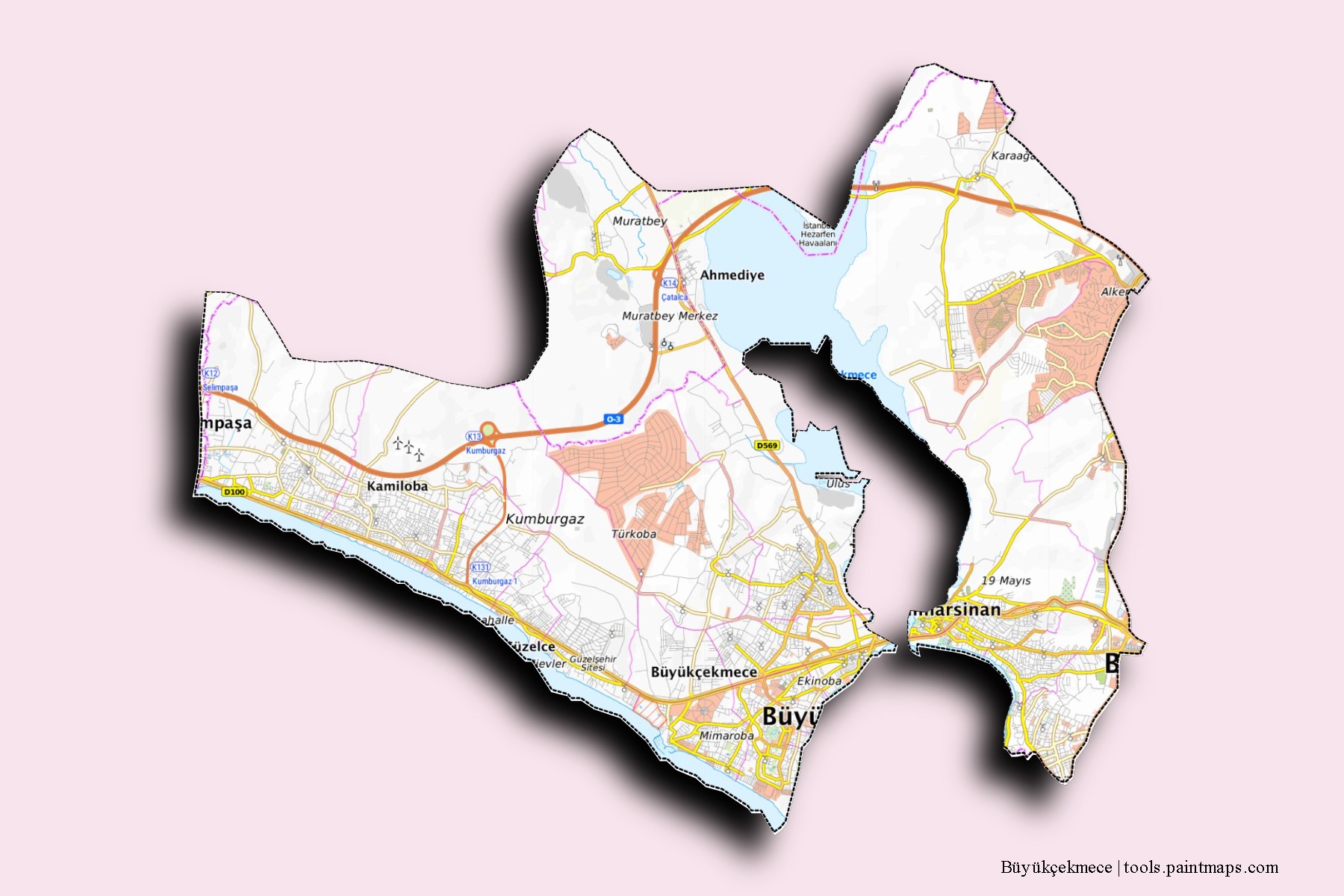 Mapa de barrios y pueblos de Büyükçekmece con efecto de sombra 3D