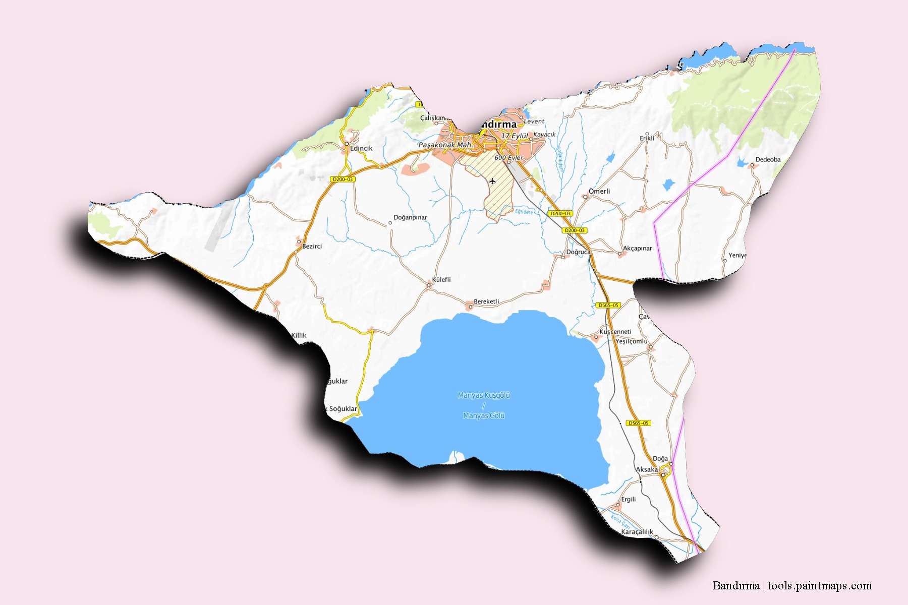 Mapa de barrios y pueblos de Bandırma con efecto de sombra 3D