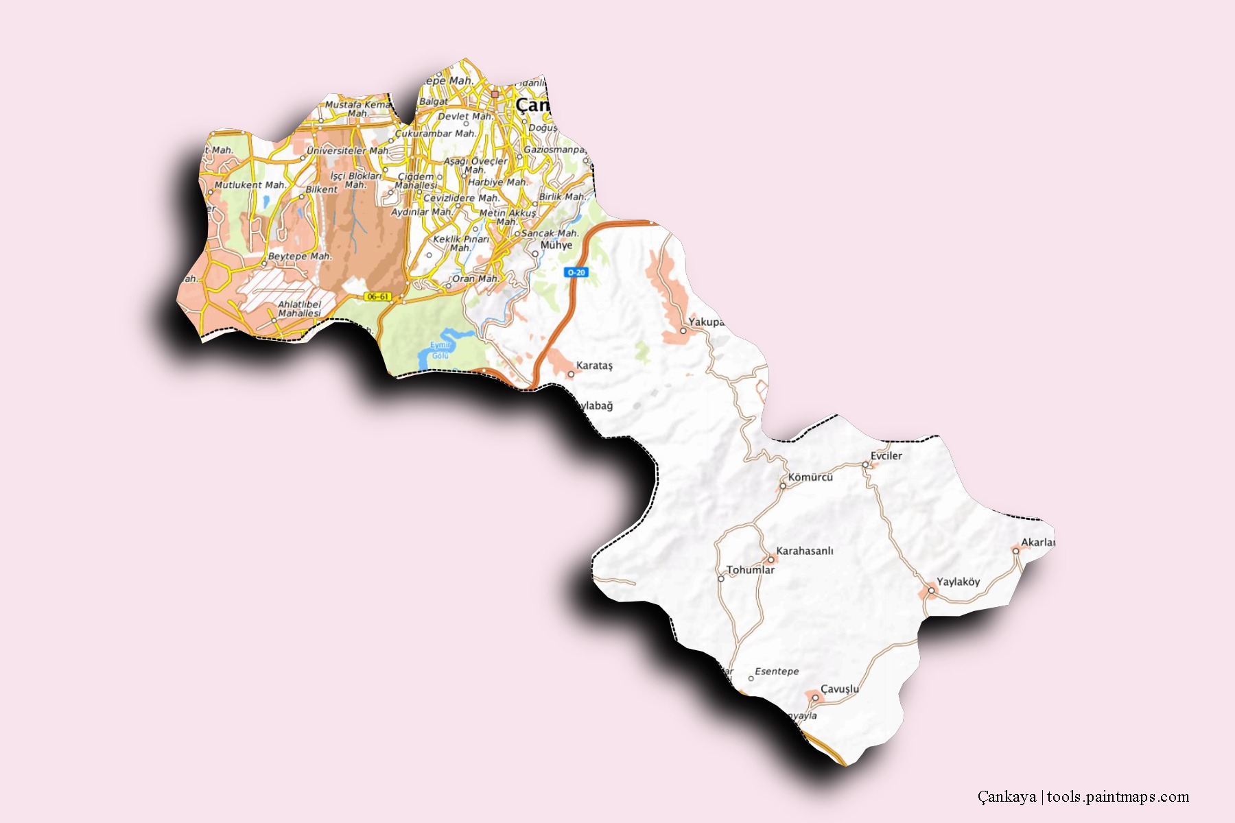 Çankaya neighborhoods and villages map with 3D shadow effect