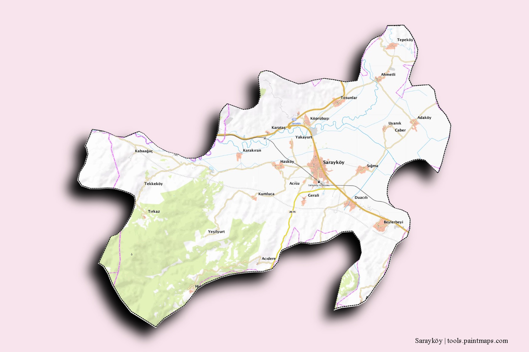 Sarayköy neighborhoods and villages map with 3D shadow effect