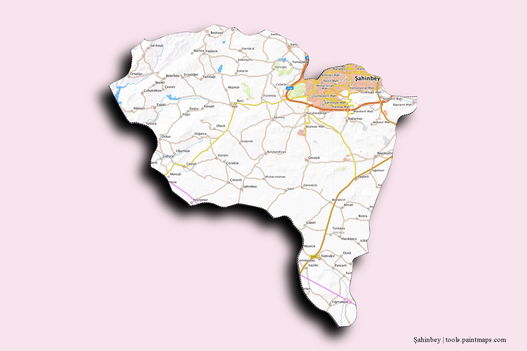 Mapa de barrios y pueblos de Şahinbey con efecto de sombra 3D