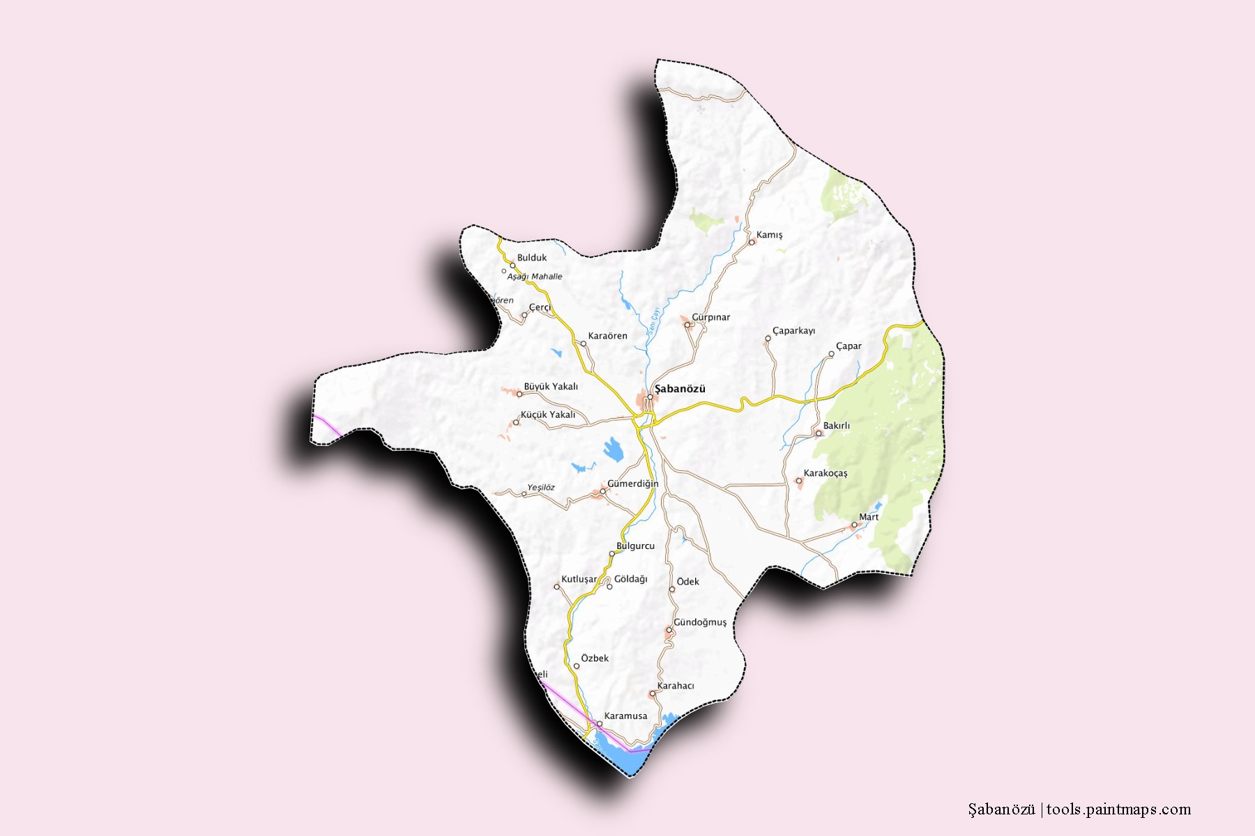 Mapa de barrios y pueblos de Şabanözü con efecto de sombra 3D