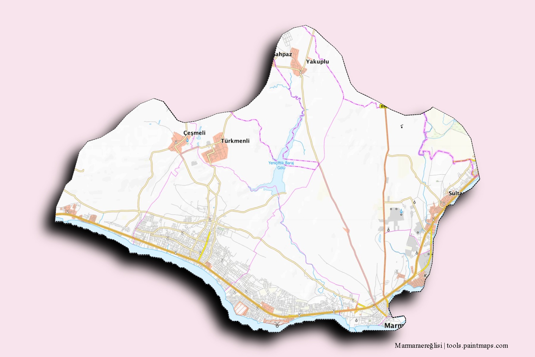 Mapa de barrios y pueblos de Marmaraereğlisi con efecto de sombra 3D