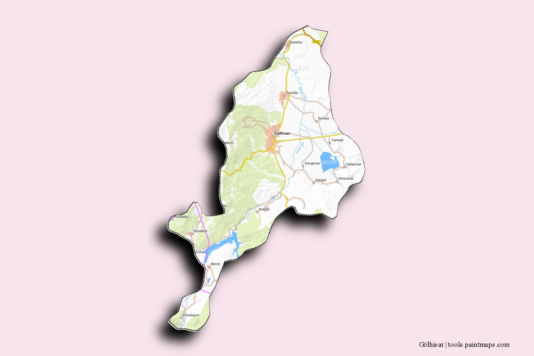 3D gölge efektli Gölhisar mahalleleri ve köyleri haritası