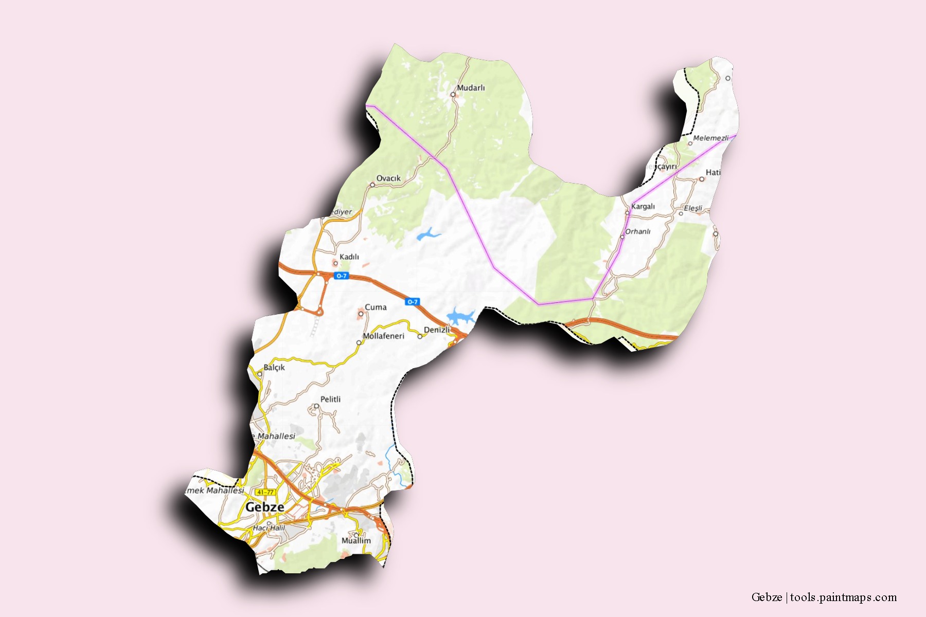 Mapa de barrios y pueblos de Gebze con efecto de sombra 3D