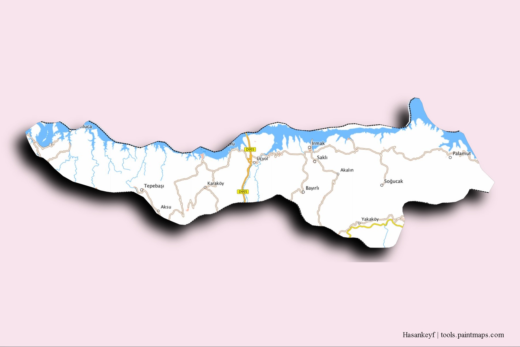 Hasankeyf neighborhoods and villages map with 3D shadow effect