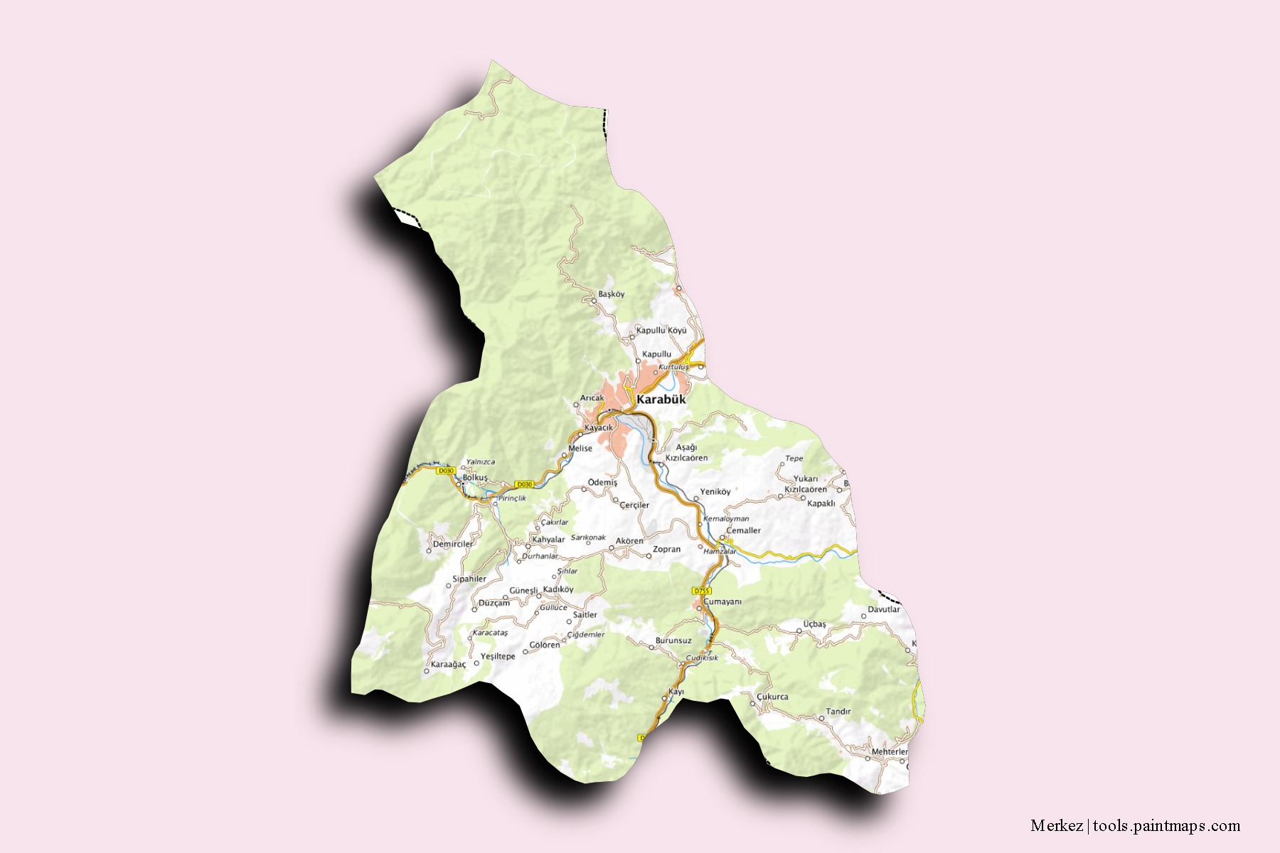 Mapa de barrios y pueblos de Merkez con efecto de sombra 3D