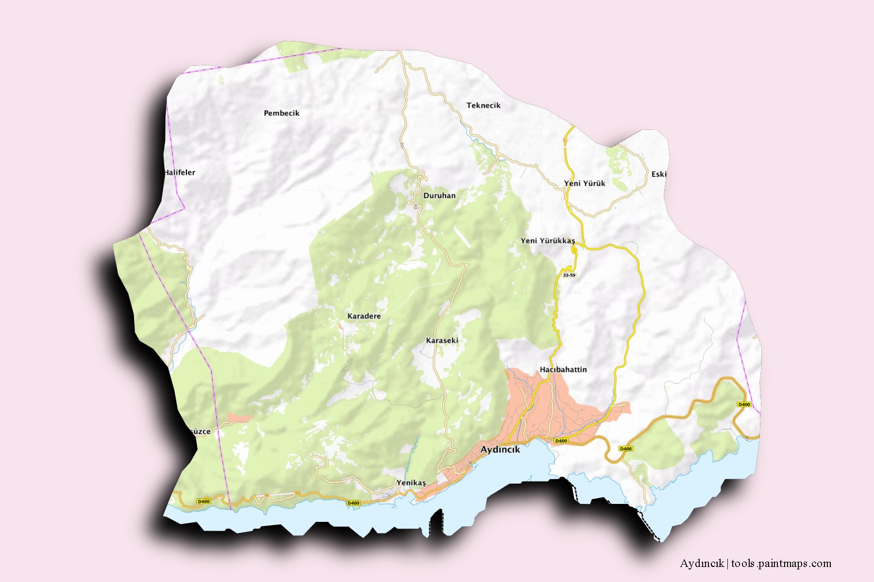 Mapa de barrios y pueblos de Aydıncık con efecto de sombra 3D