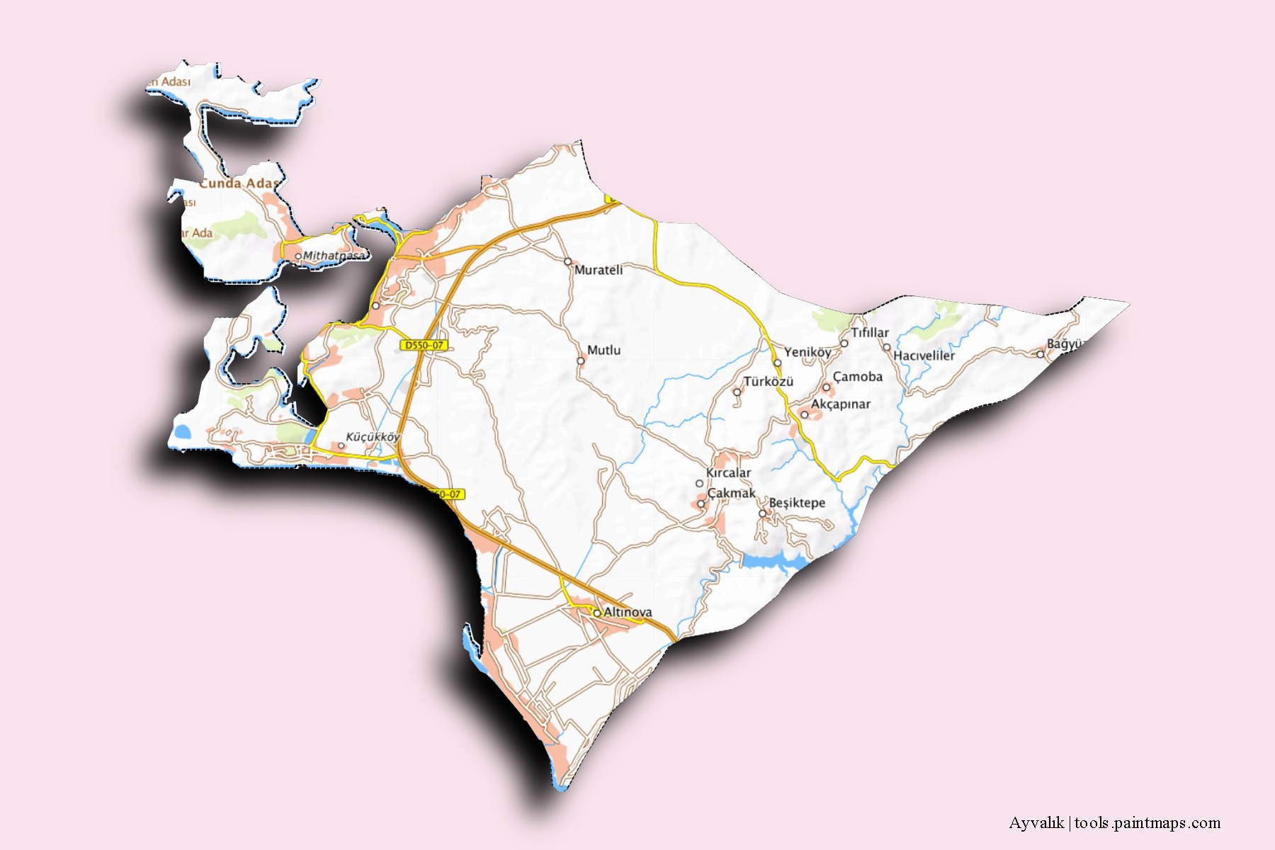 Ayvalik neighborhoods and villages map with 3D shadow effect