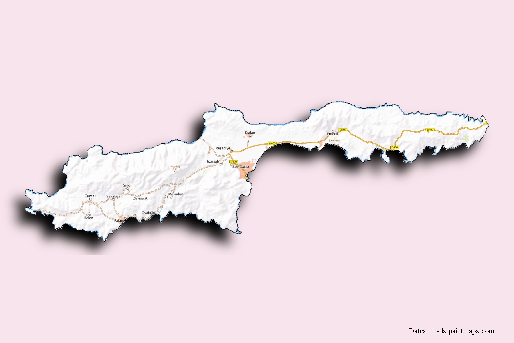 Mapa de barrios y pueblos de Datça con efecto de sombra 3D