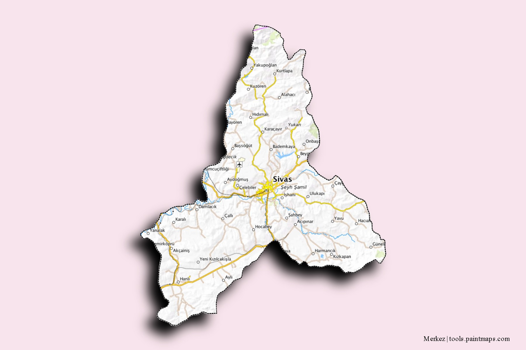 Mapa de barrios y pueblos de Merkez con efecto de sombra 3D