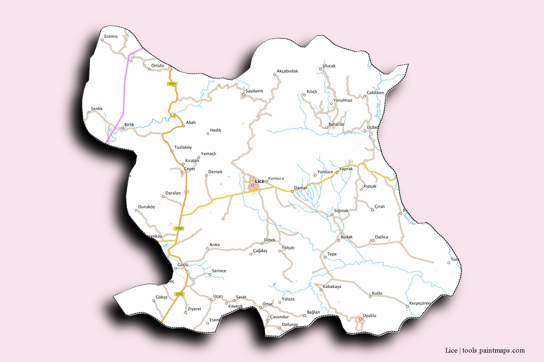 Mapa de barrios y pueblos de Lice con efecto de sombra 3D