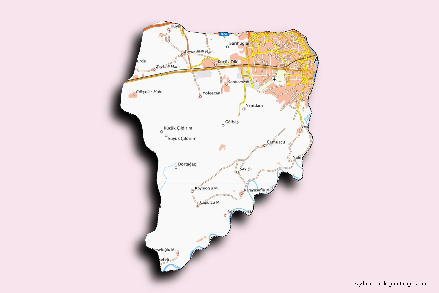 Seyhan neighborhoods and villages map with 3D shadow effect