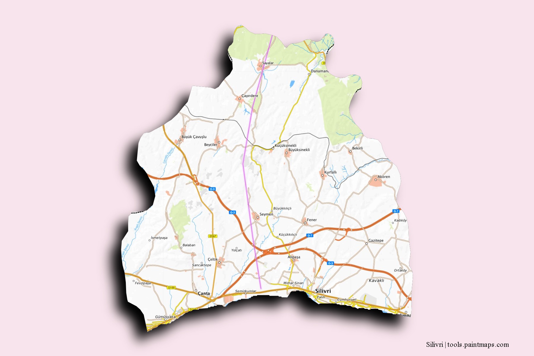 Mapa de barrios y pueblos de Silivri con efecto de sombra 3D