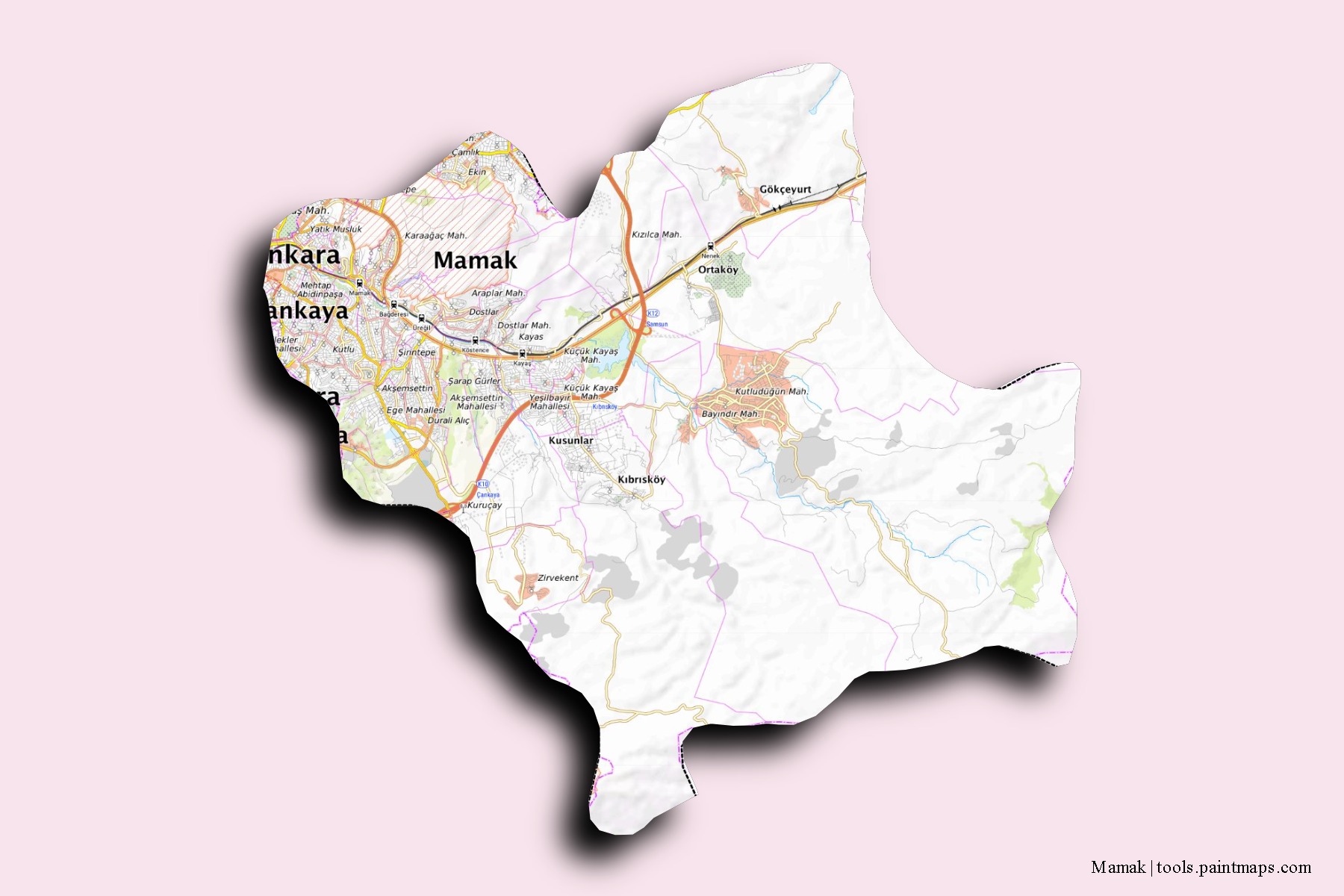 Mapa de barrios y pueblos de Mamak con efecto de sombra 3D