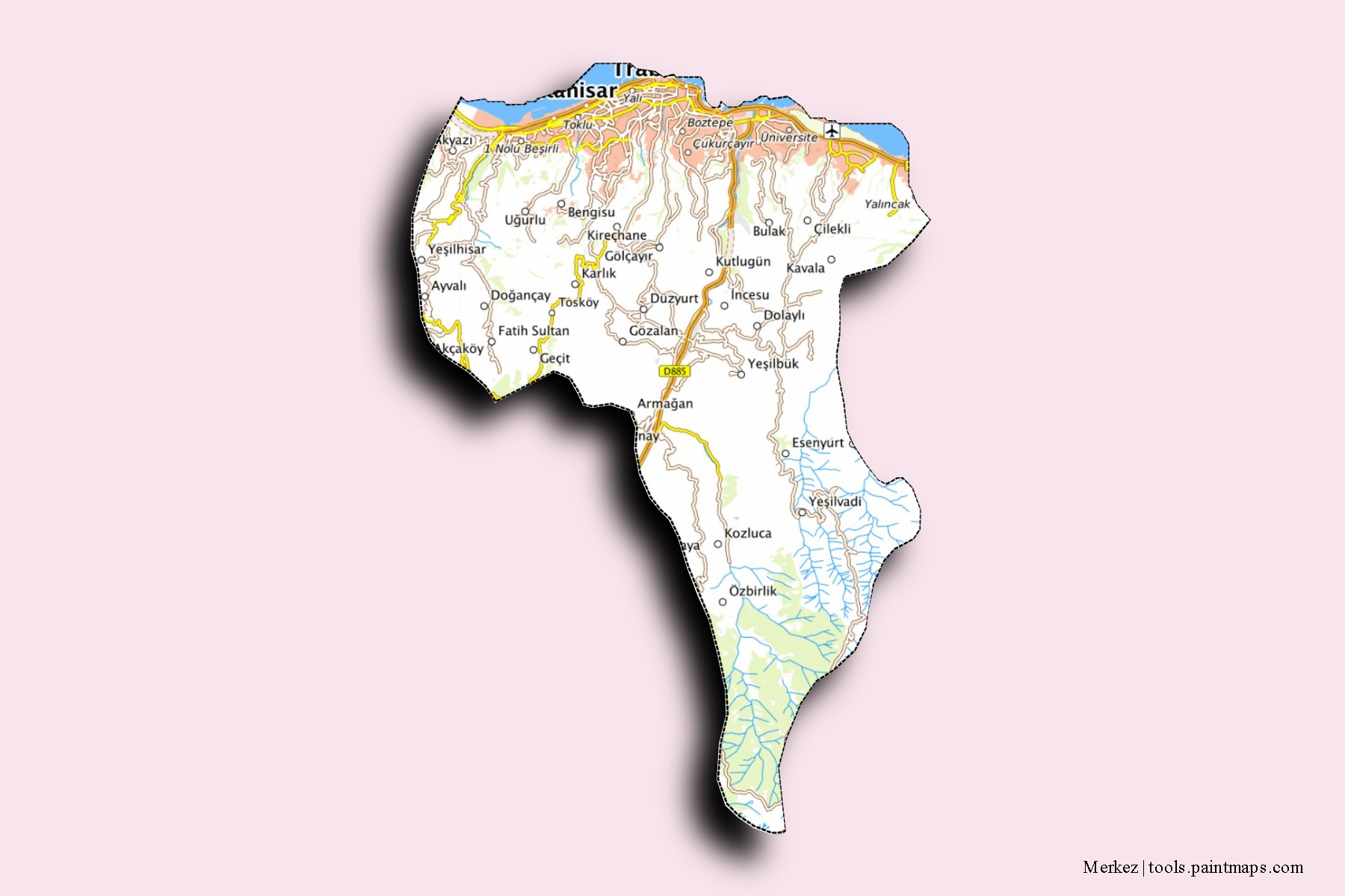 Mapa de barrios y pueblos de Merkez con efecto de sombra 3D