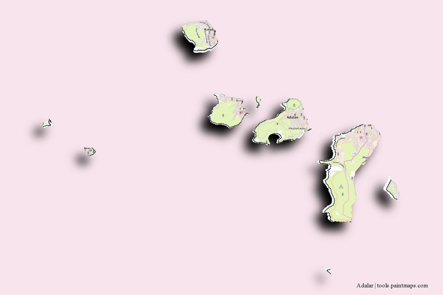 3D gölge efektli Adalar mahalleleri ve köyleri haritası