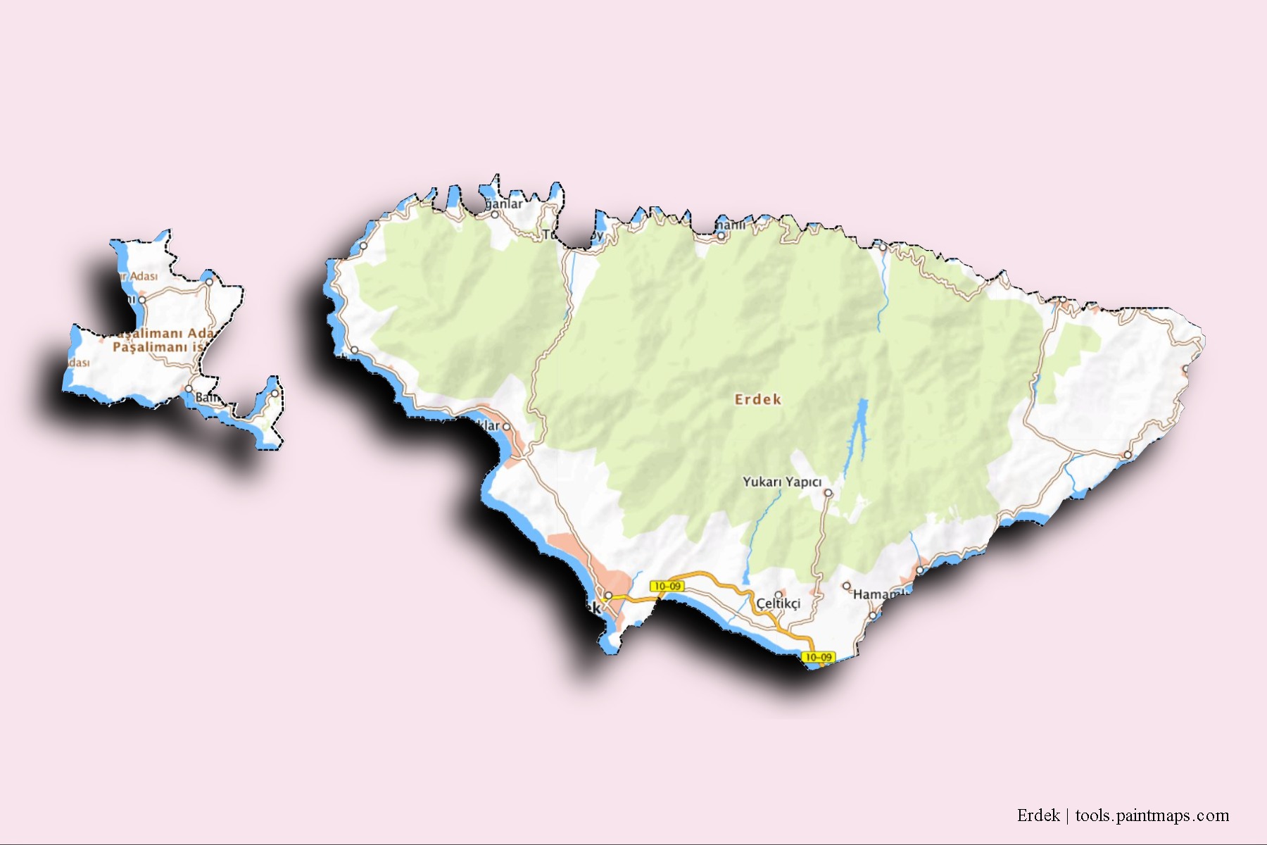 Mapa de barrios y pueblos de Erdek con efecto de sombra 3D