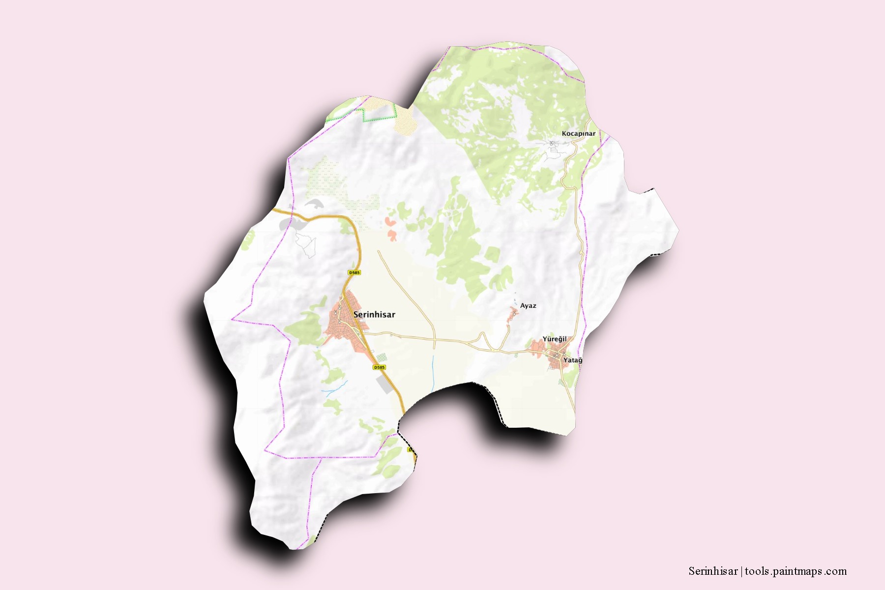 Serinhisar neighborhoods and villages map with 3D shadow effect