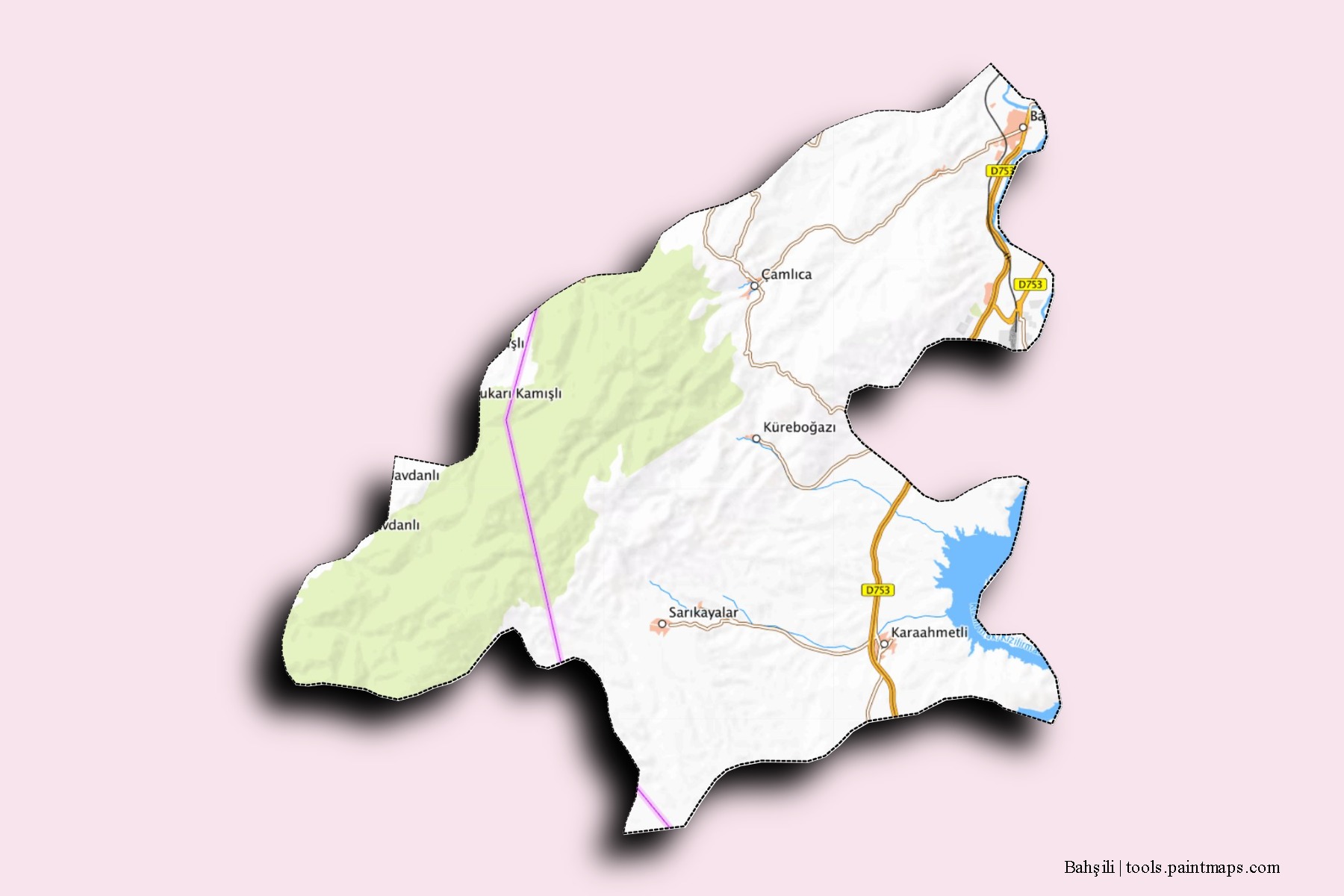 3D gölge efektli Bahşılı mahalleleri ve köyleri haritası