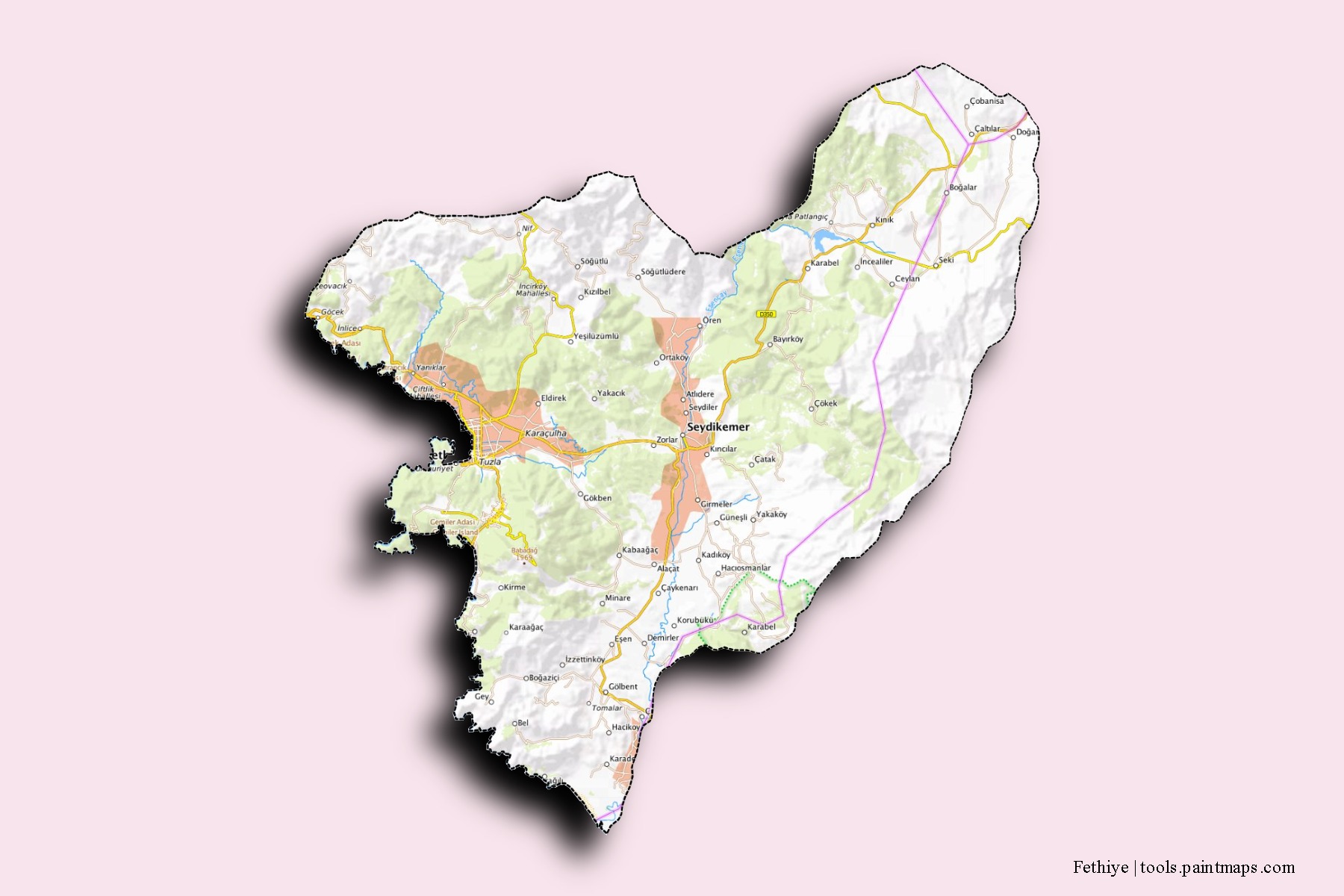 Mapa de barrios y pueblos de Fethiye con efecto de sombra 3D