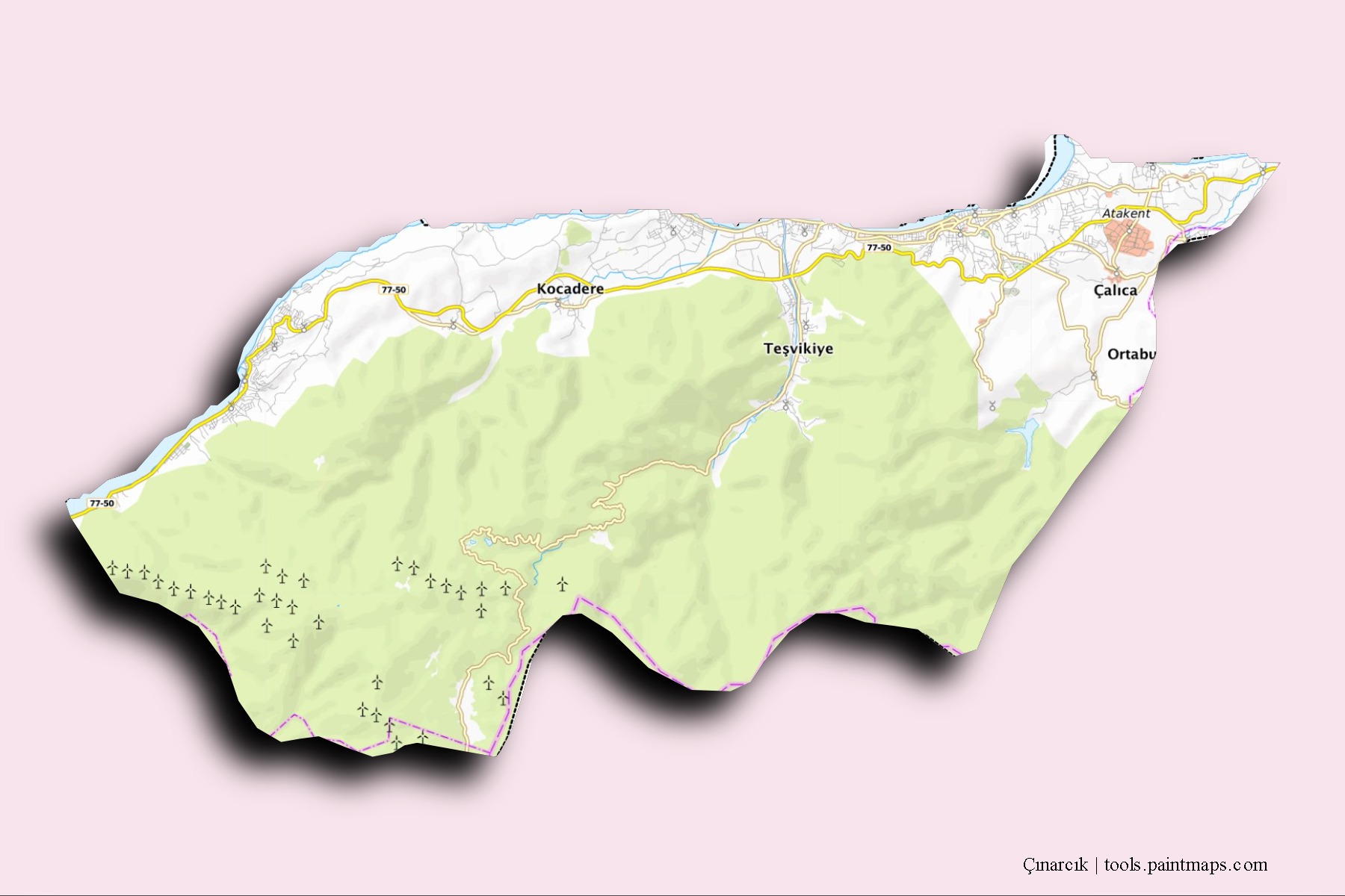 3D gölge efektli Çınarcık mahalleleri ve köyleri haritası